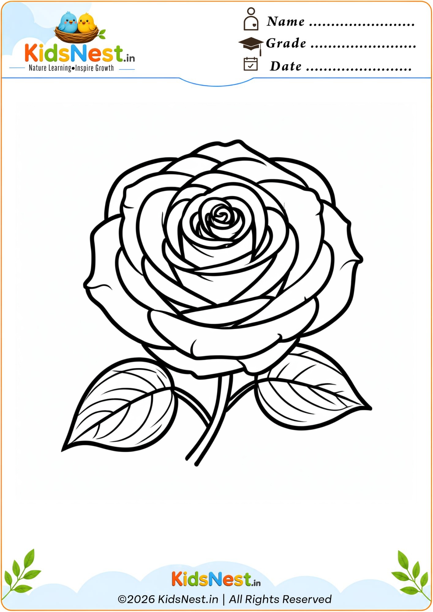 Free Printable Rose Flower Coloring Page for Kids