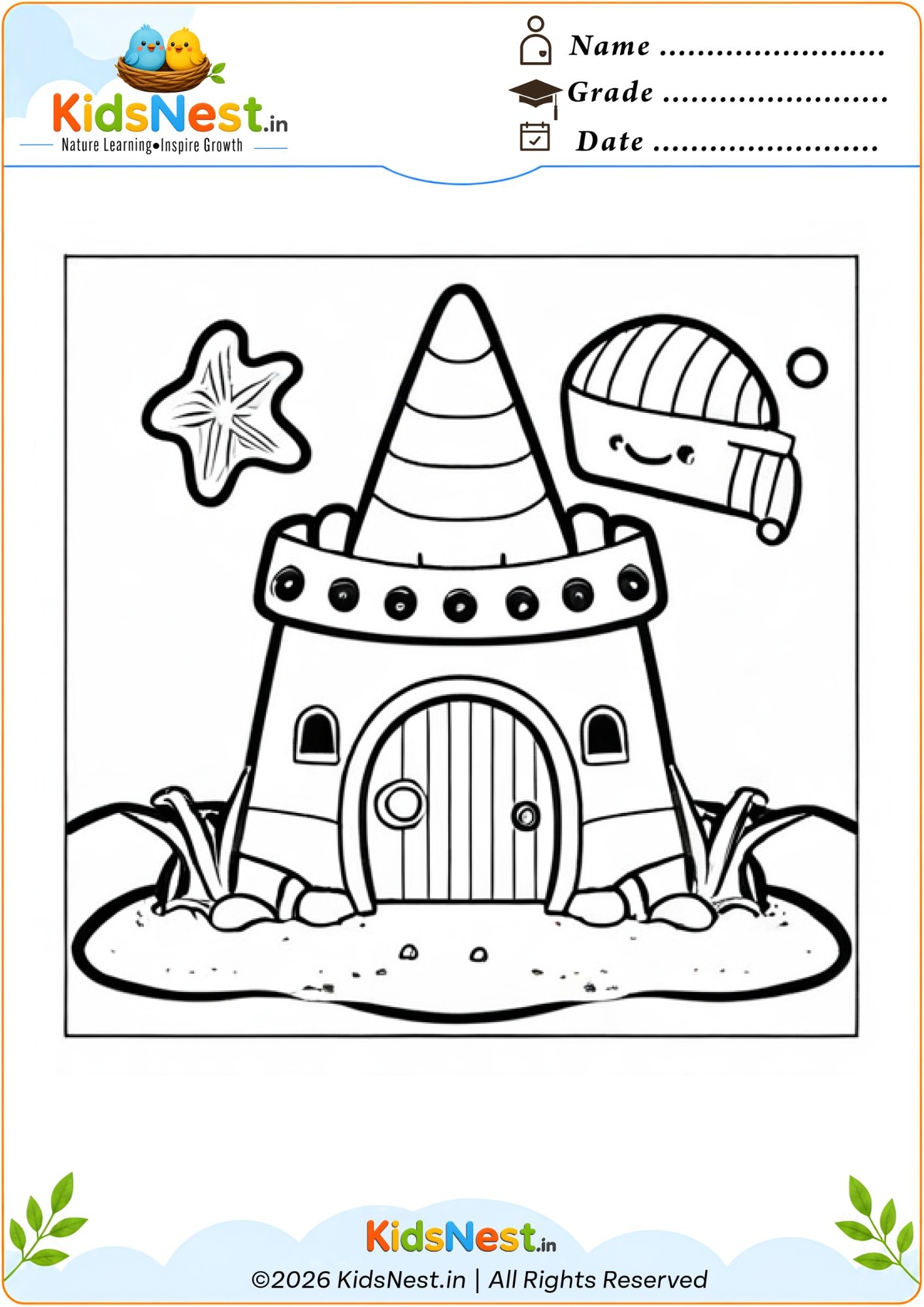 Free Sandcastle Coloring Worksheet for Kids | Printable PDF