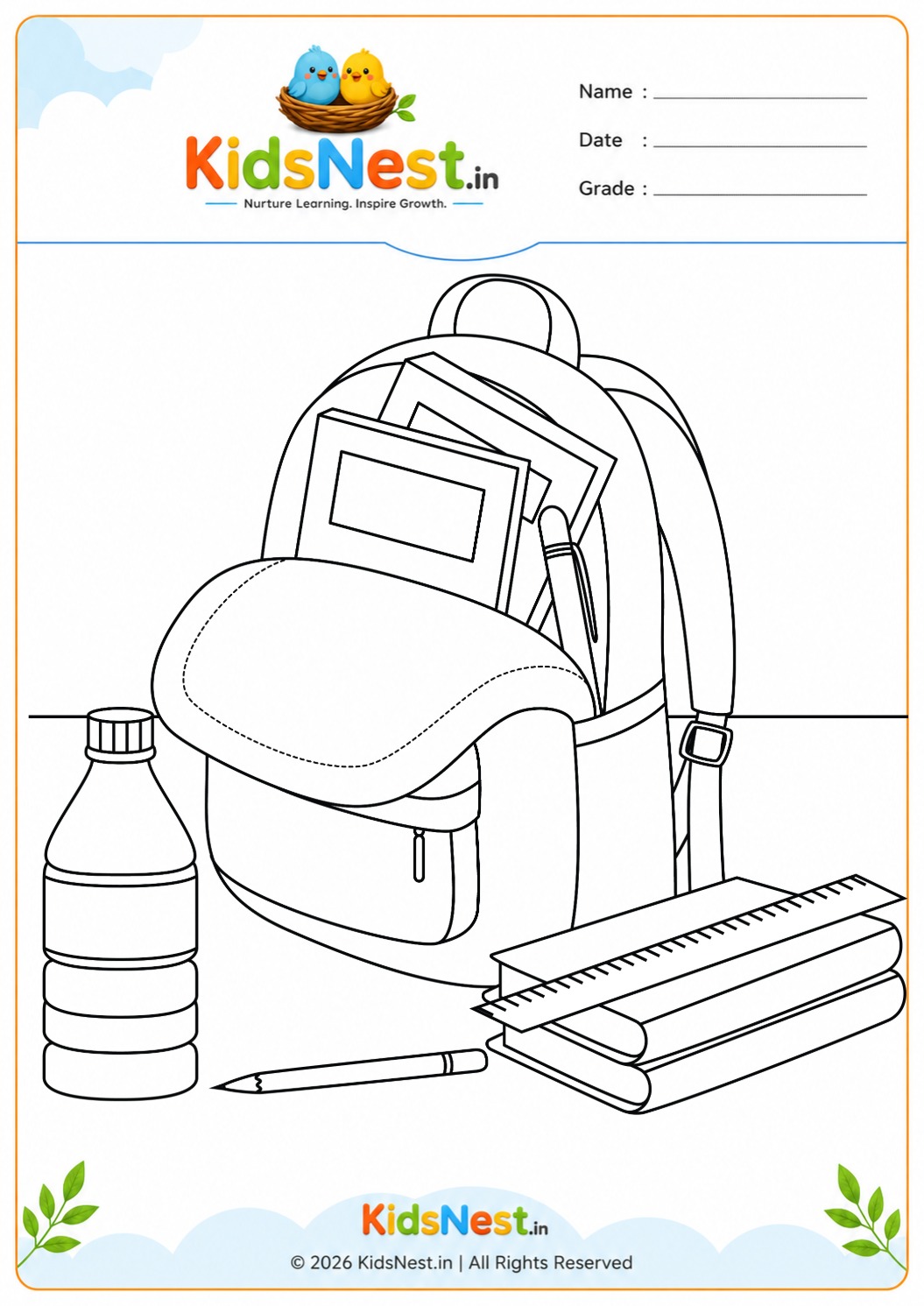 School Backpack & Supplies Coloring Worksheet for Kids
