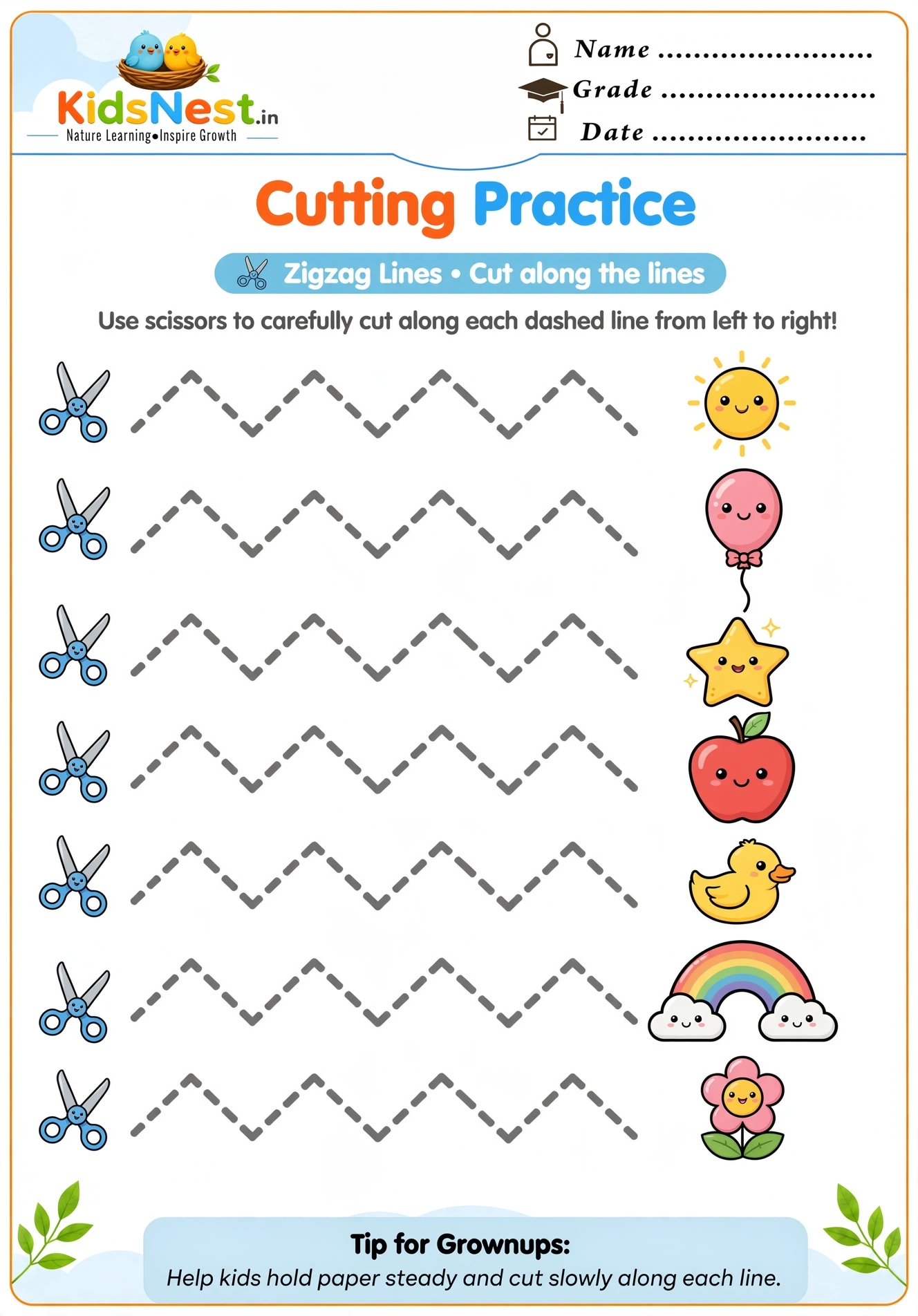 Printable Scissors Skills Worksheet: Zigzag Lines Practice