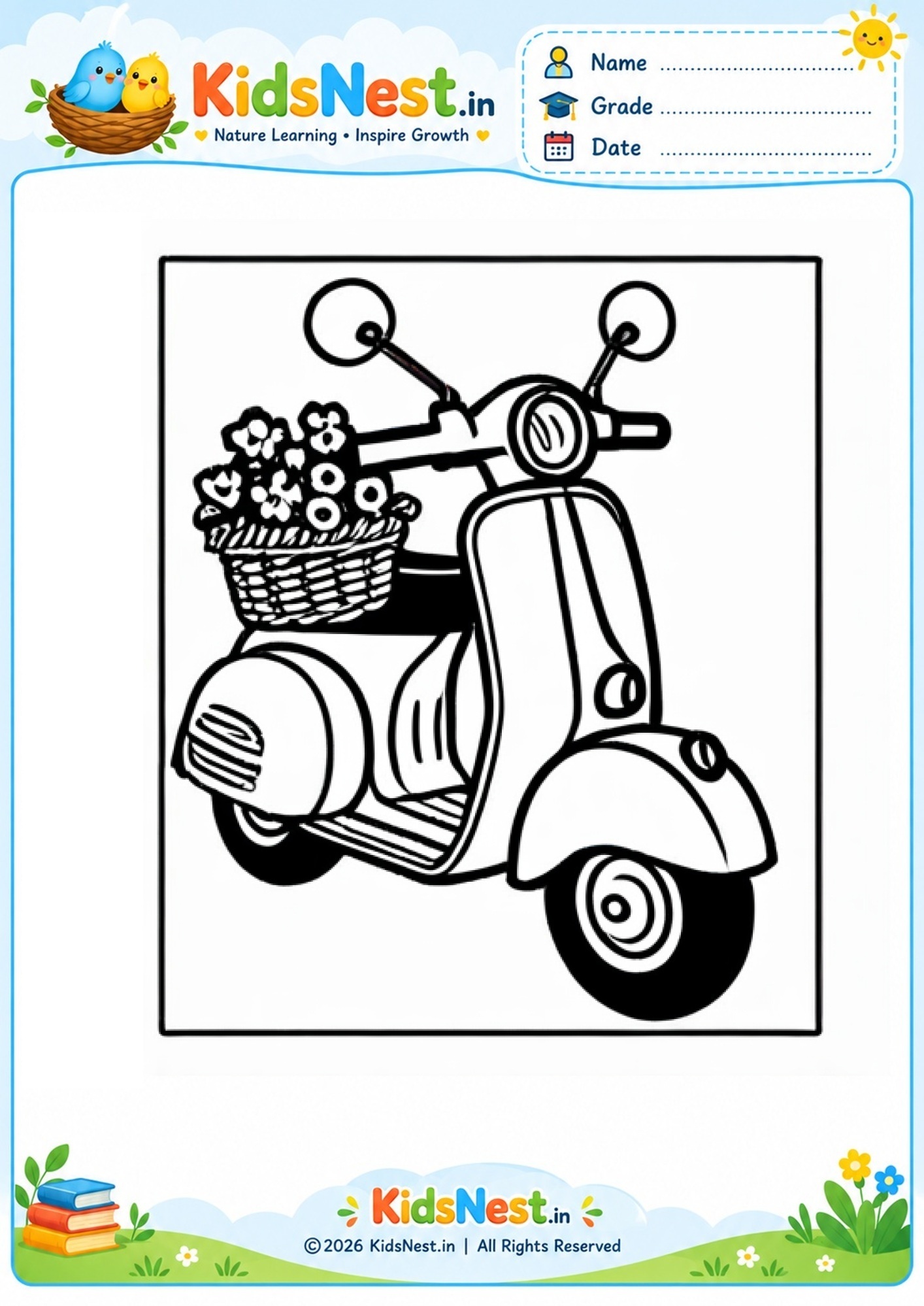 Scooter with Flower Basket Coloring Page | Free Printable