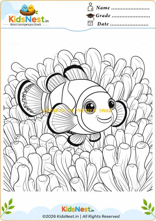 Free Printable Clownfish in Sea Anemone Coloring Page