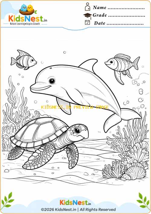 Printable Sea Animal Coloring Page: Dolphin, Turtle & Fish