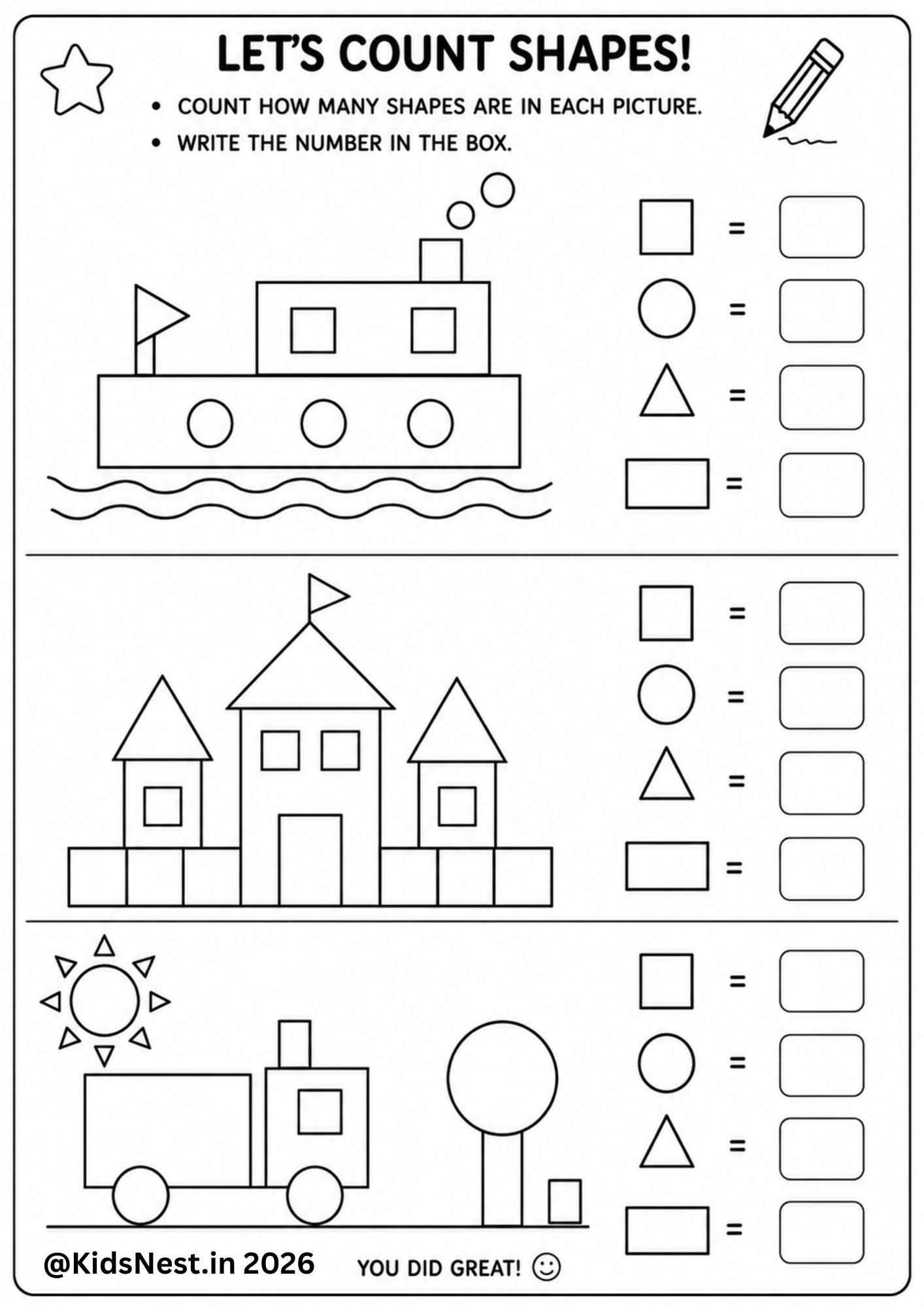 Shape Activity Worksheets: Count Shapes in Pictures for Kids