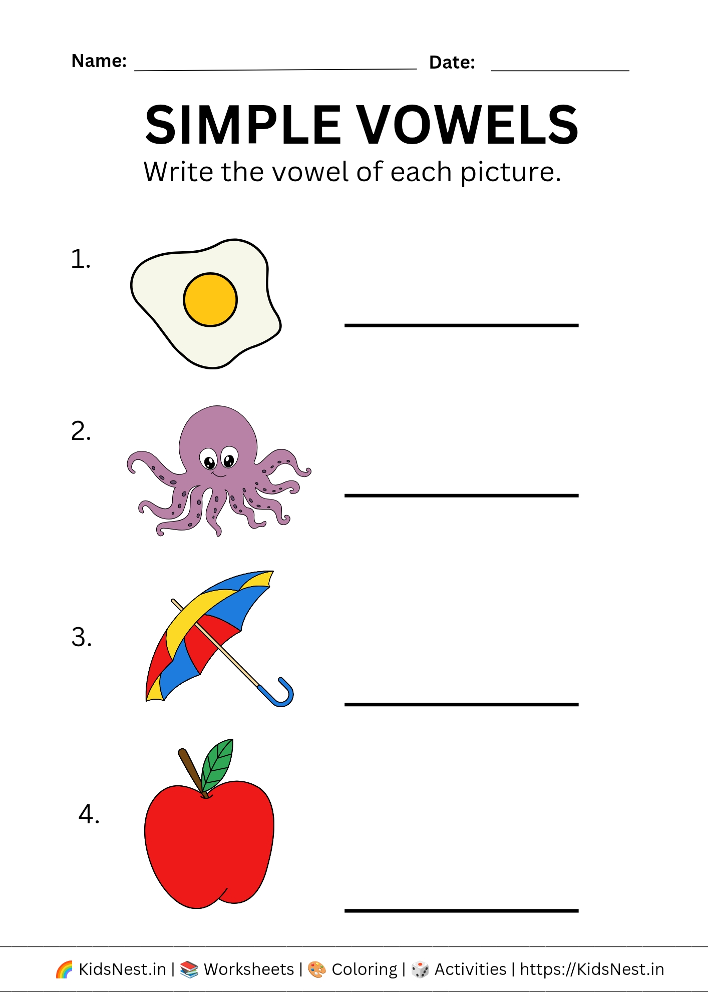 Simple Vowels Worksheet for Kids | Printable Educational Activity