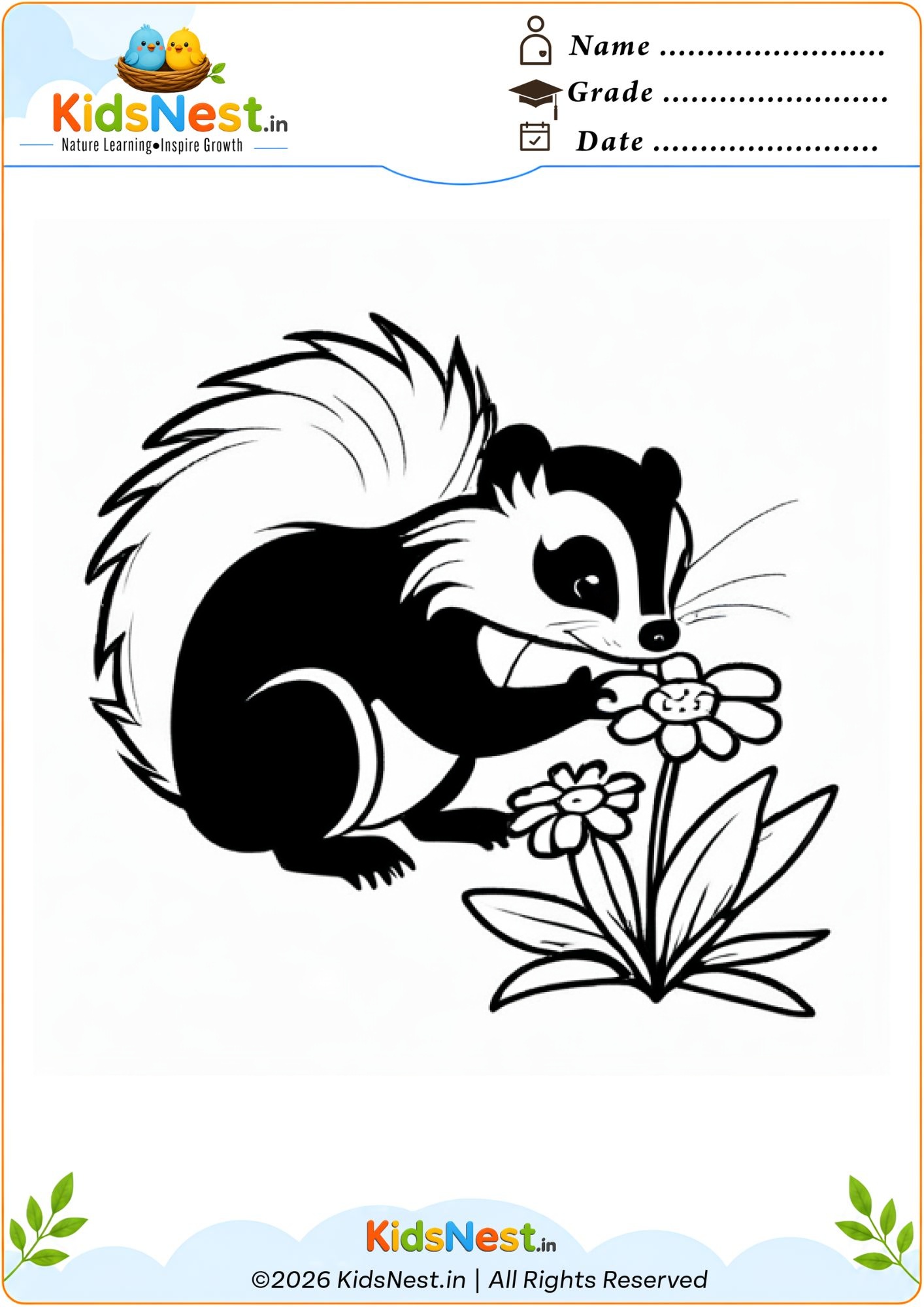 Free Skunk Smelling Flowers Coloring Worksheet for Kids