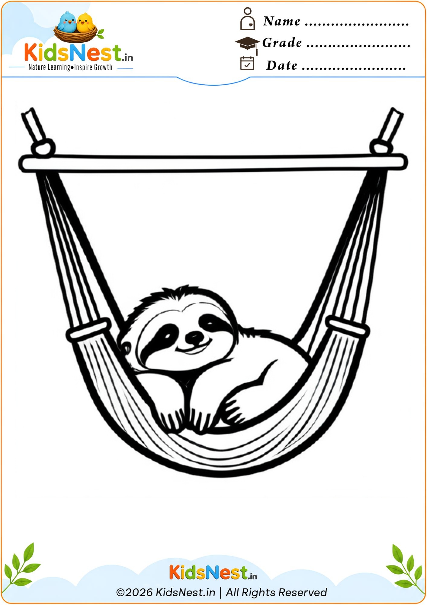 Sloth in Hammock Coloring Page | Printable for Kids