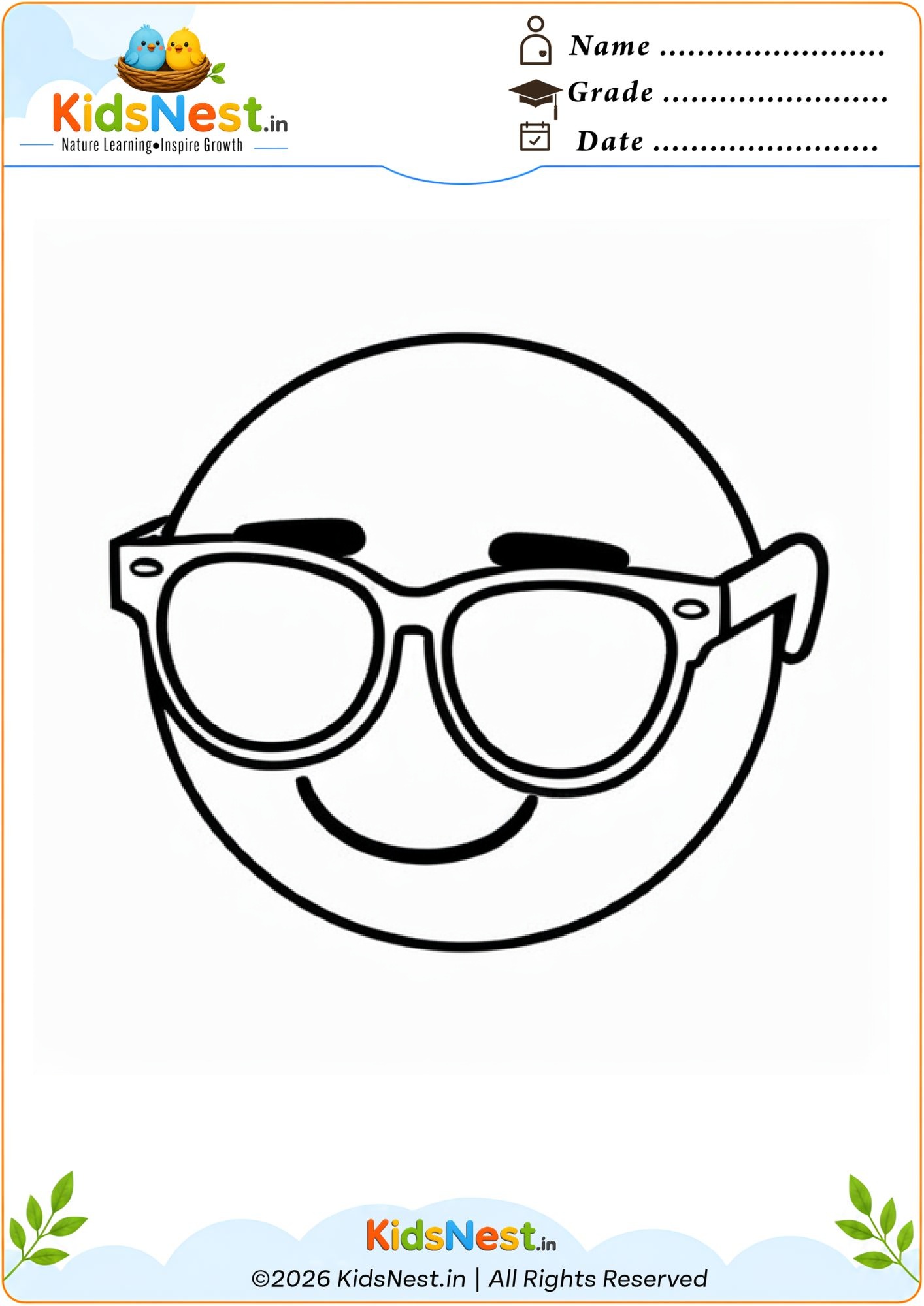 Smiley Face With Glasses Coloring Worksheet for Kids