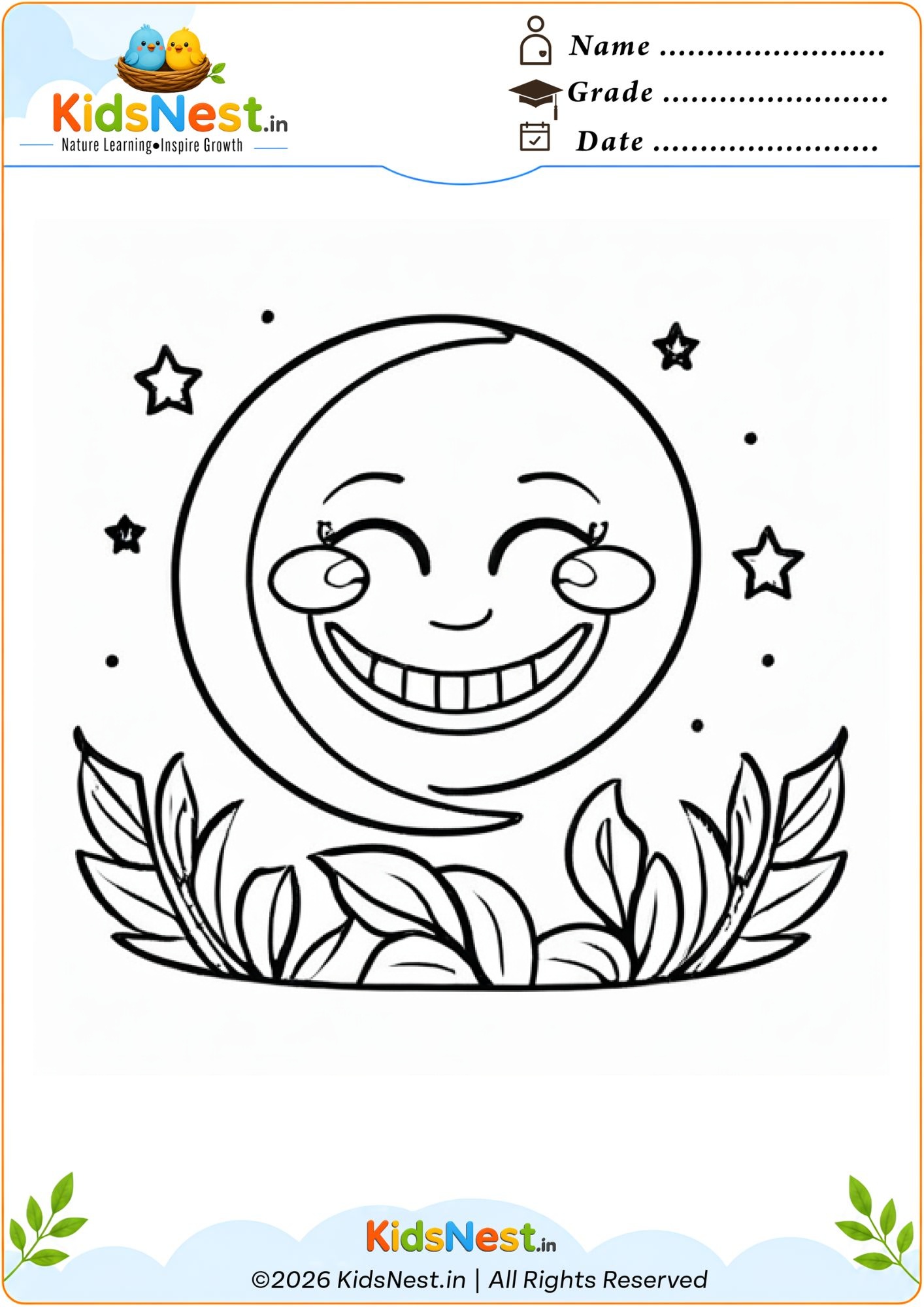 Smiling Moon and Stars Coloring Worksheet for Kids | Printable