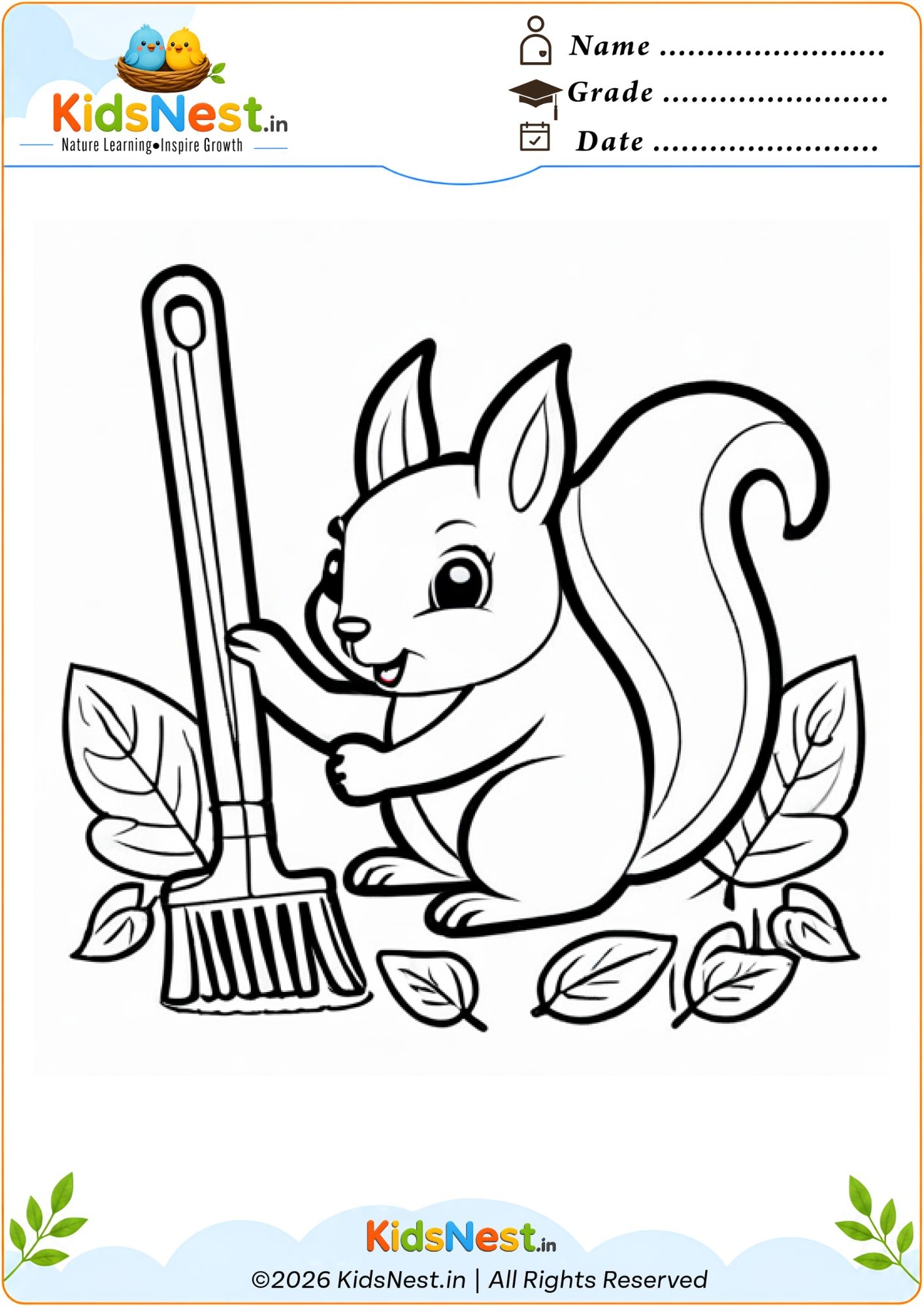 Squirrel Sweeping Leaves Coloring Page | Free Printable PDF