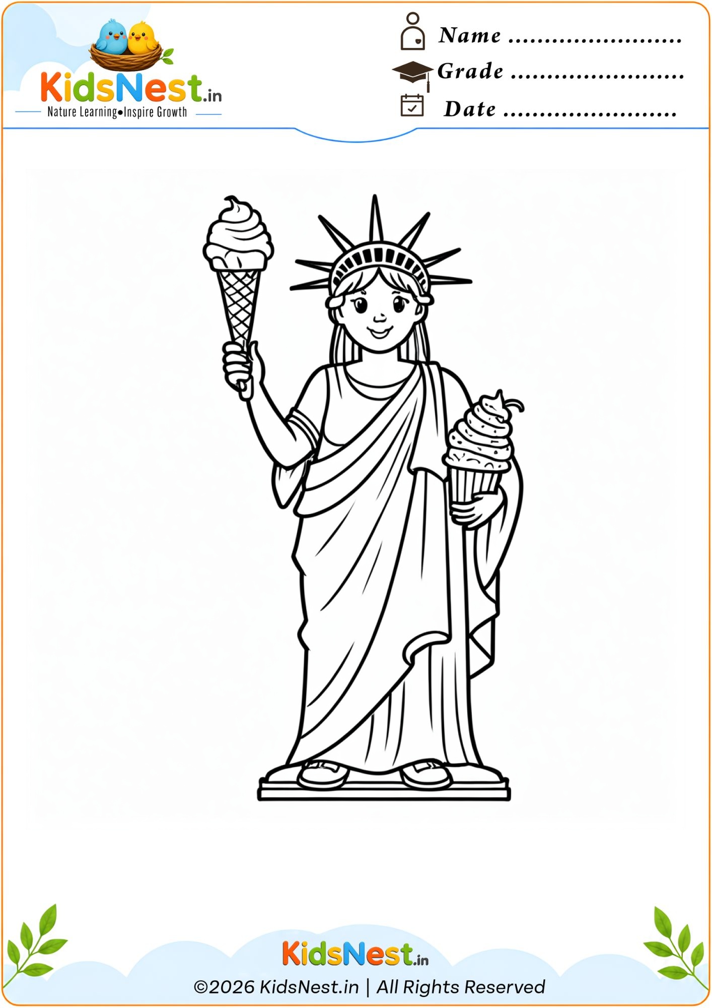 Statue of Liberty with Ice Cream Coloring Page for Kids