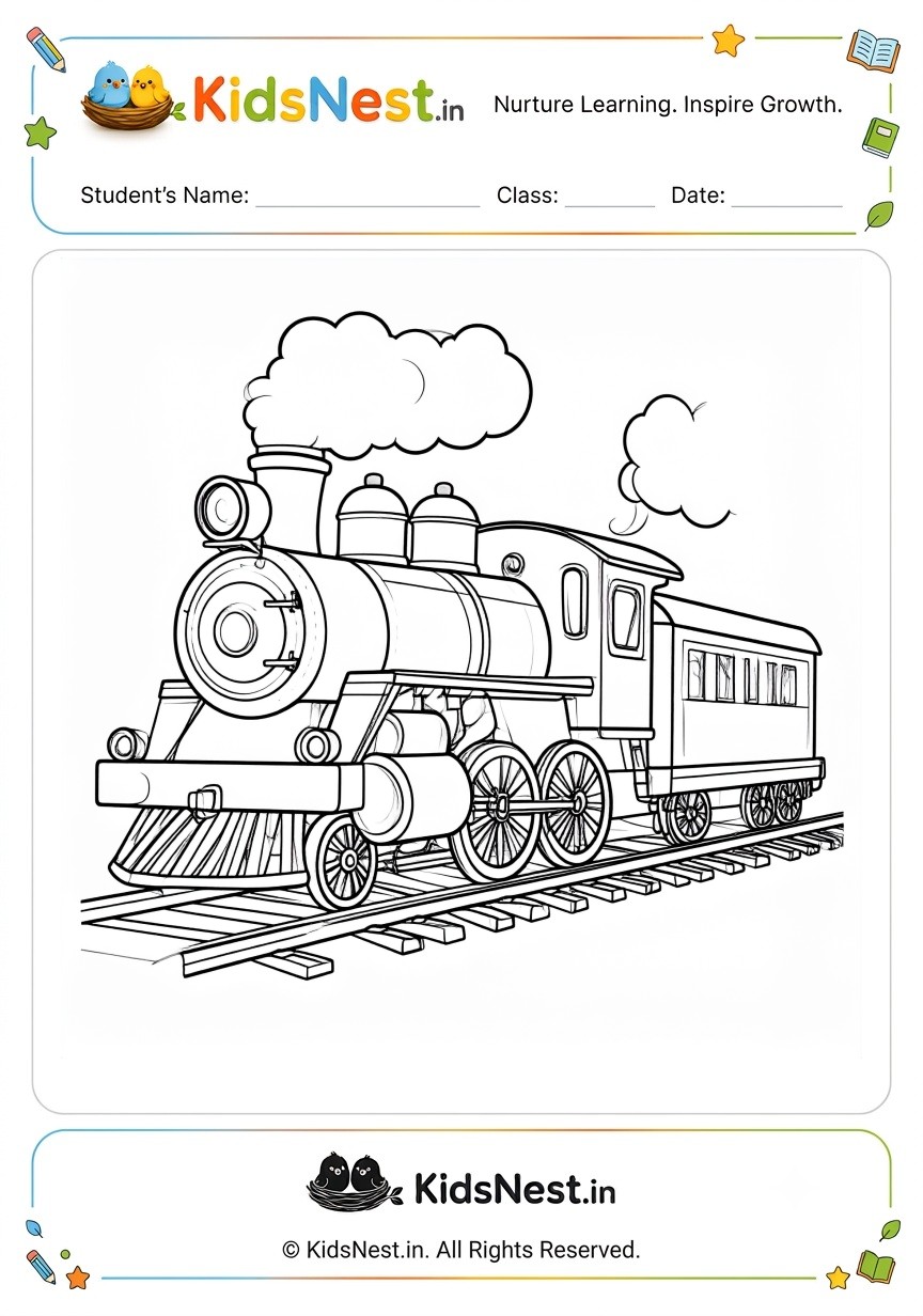 Steam Engine Train Coloring Worksheet | Printable for Kids