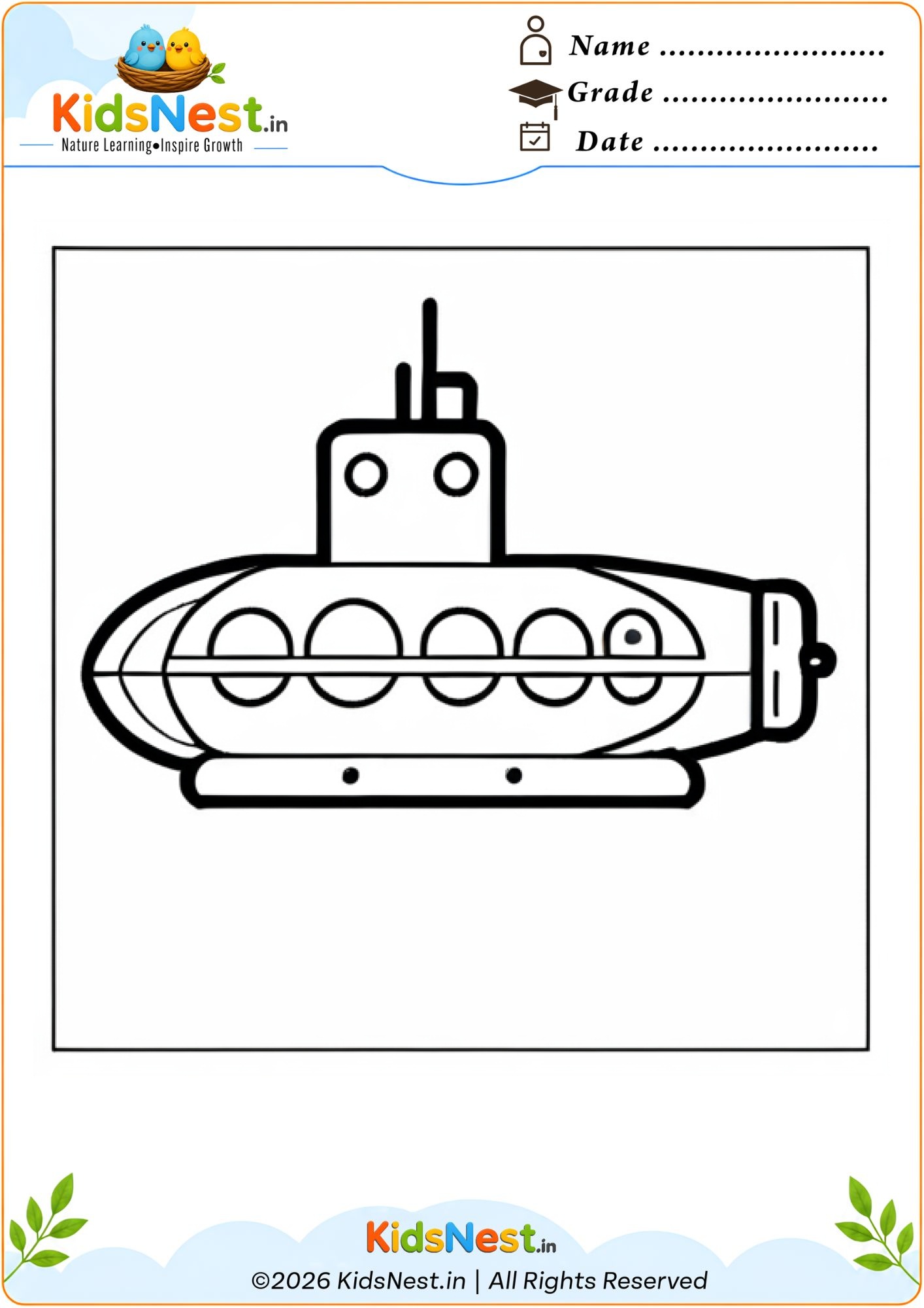 Free Submarine Coloring Worksheet for Kids | Printable PDF
