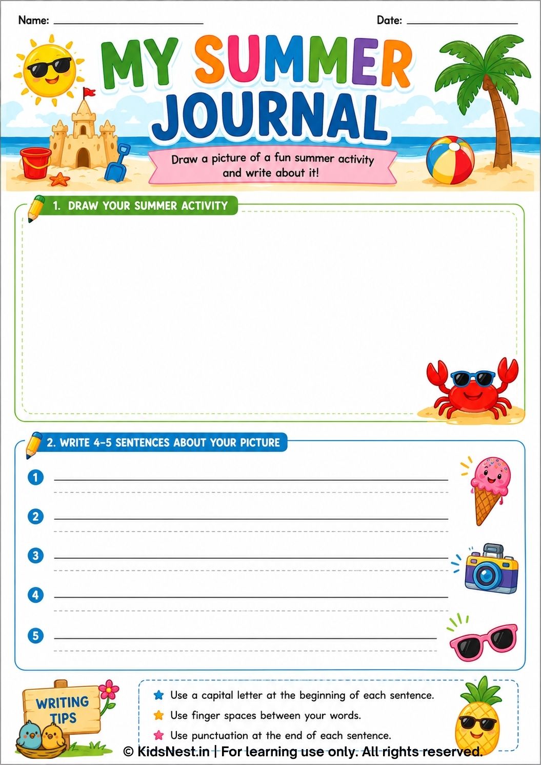 Summer Writing Activity Sheets for Kids | Printable Worksheets