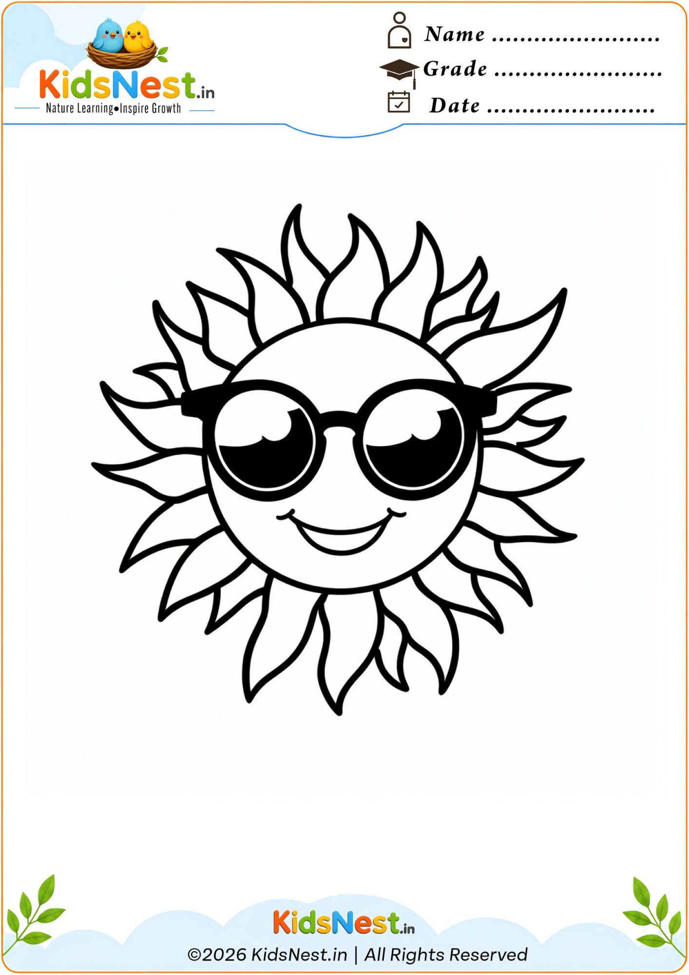 Sun Wearing Sunglasses Coloring Page | Printable for Kids