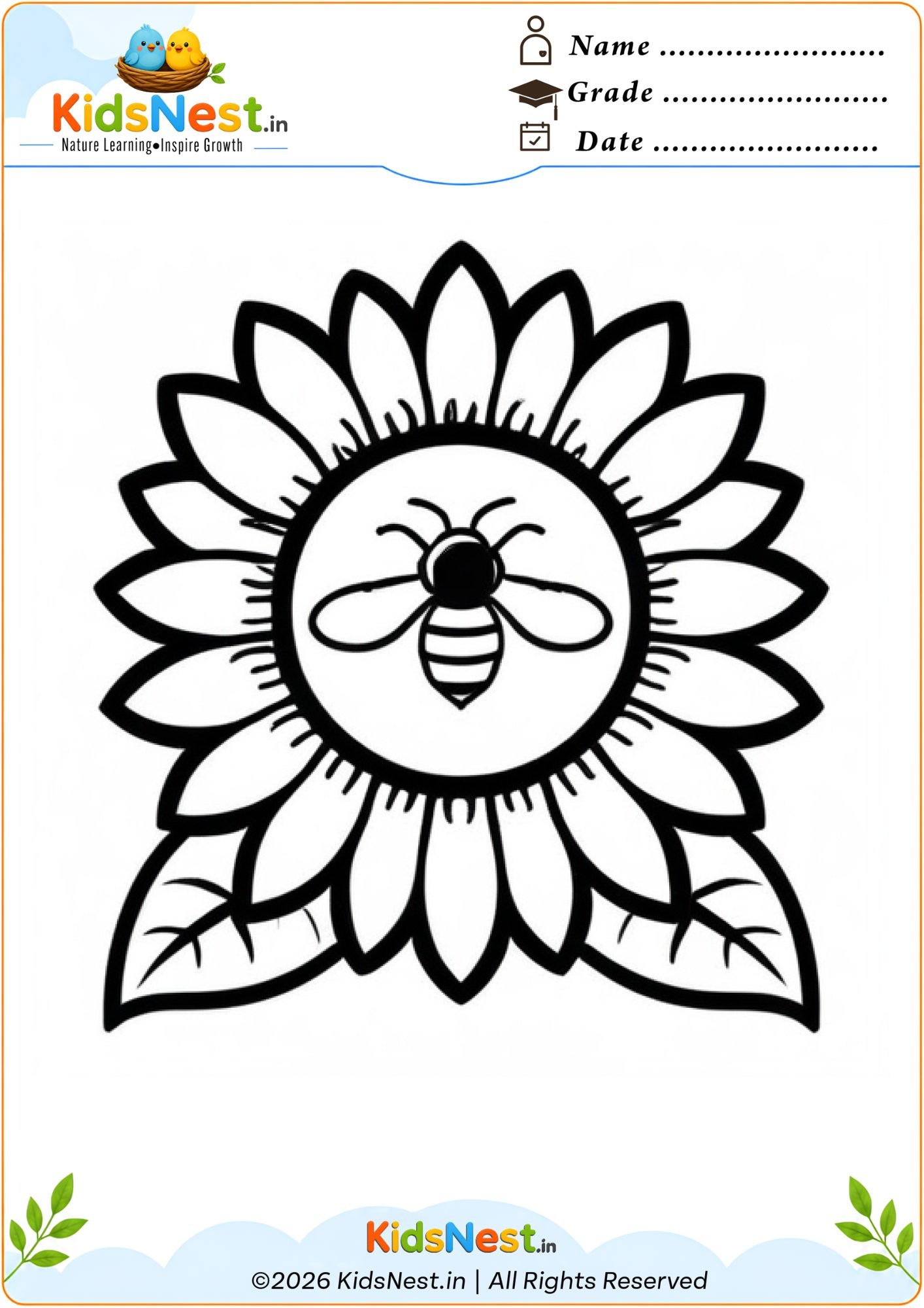Sunflower and Bee Coloring Page | Printable for Kids