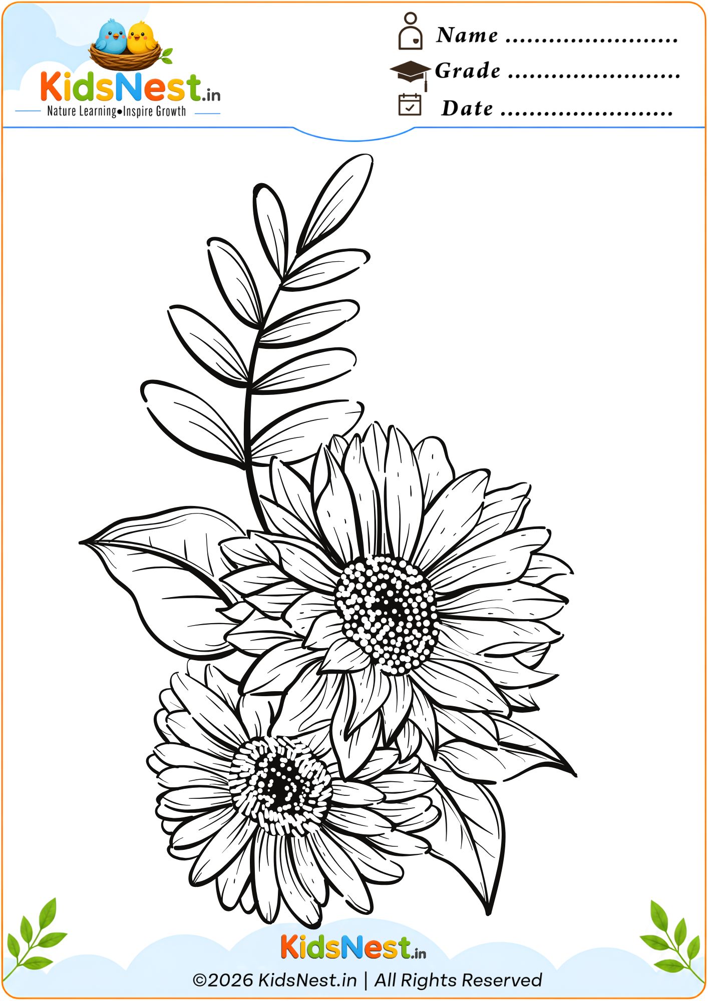 Sunflower and Leaves Coloring Page for Kids | Free Printable