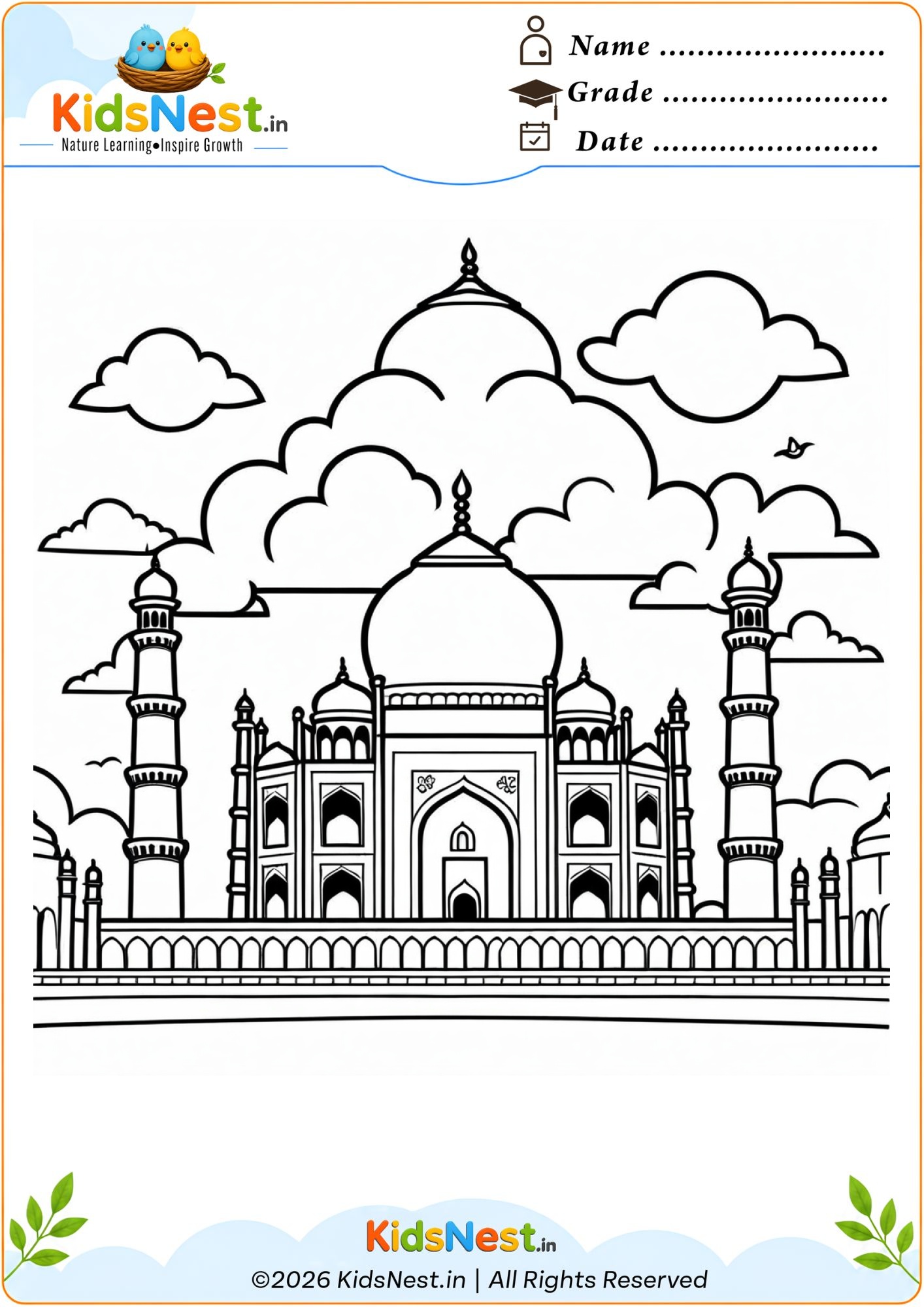 Taj Mahal Coloring Page for Kids | Free Printable Worksheet