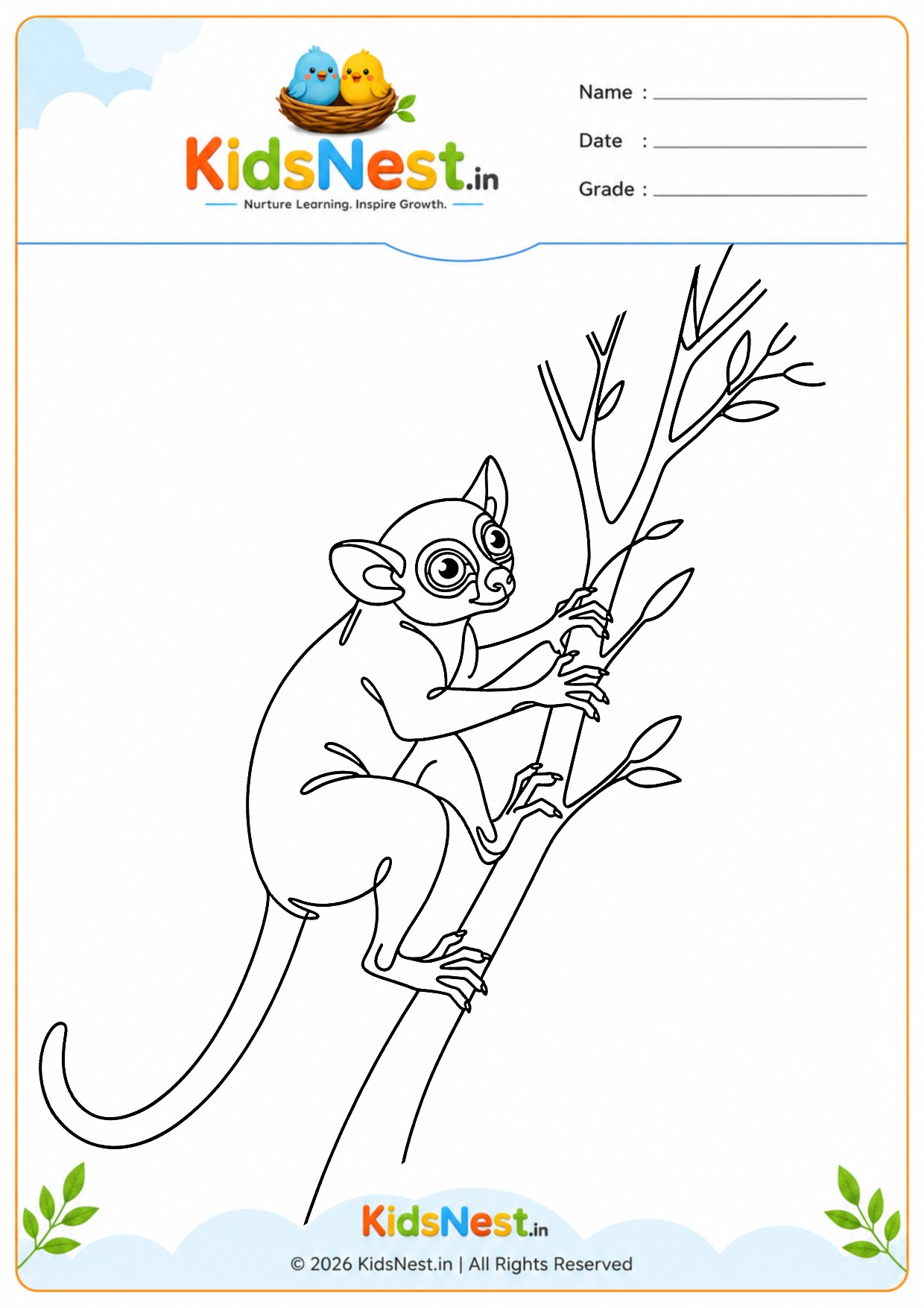 Printable Tarsier on a Tree Coloring Page for Kids