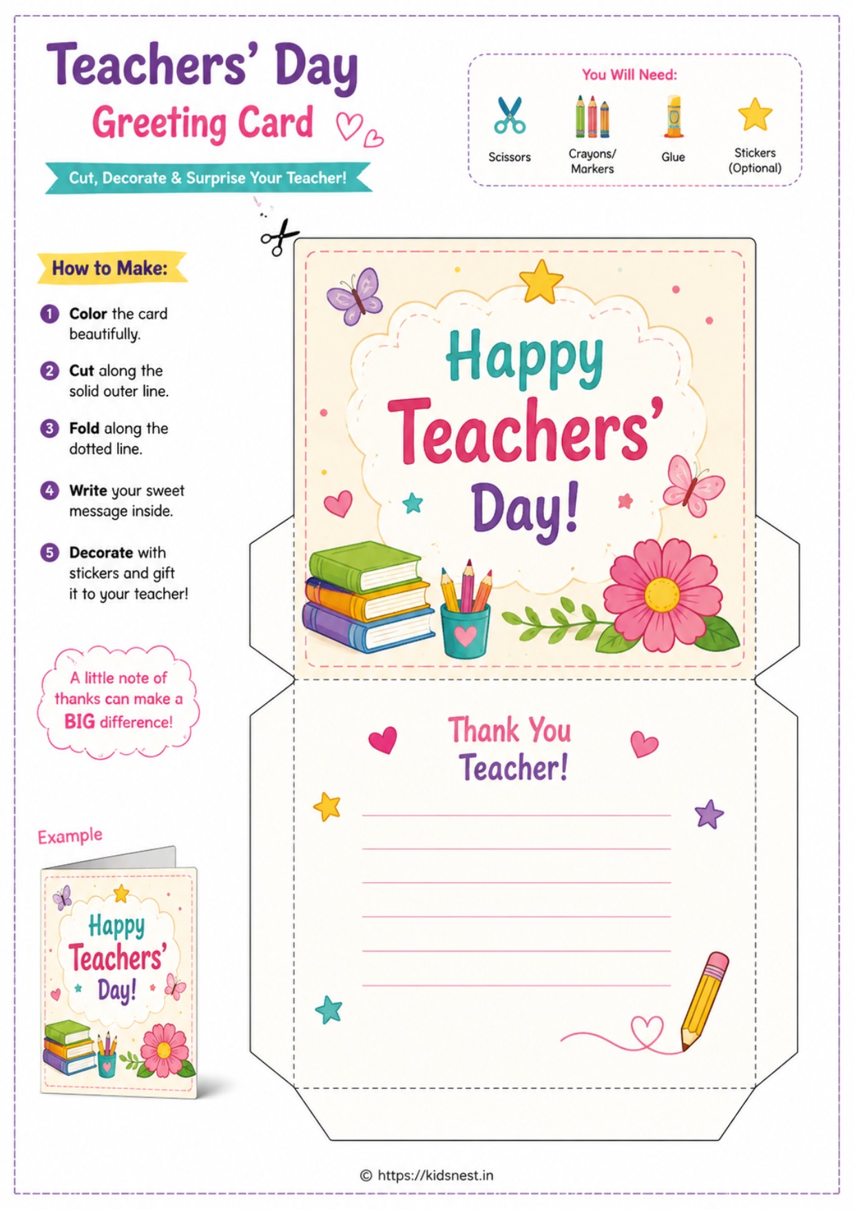 Teachers' Day Greeting Card Craft Worksheet for Kids