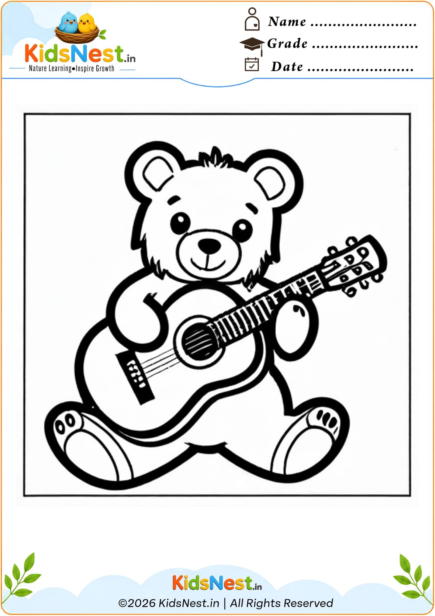 Teddy Bear Playing Guitar Coloring Page | Printable for Kids