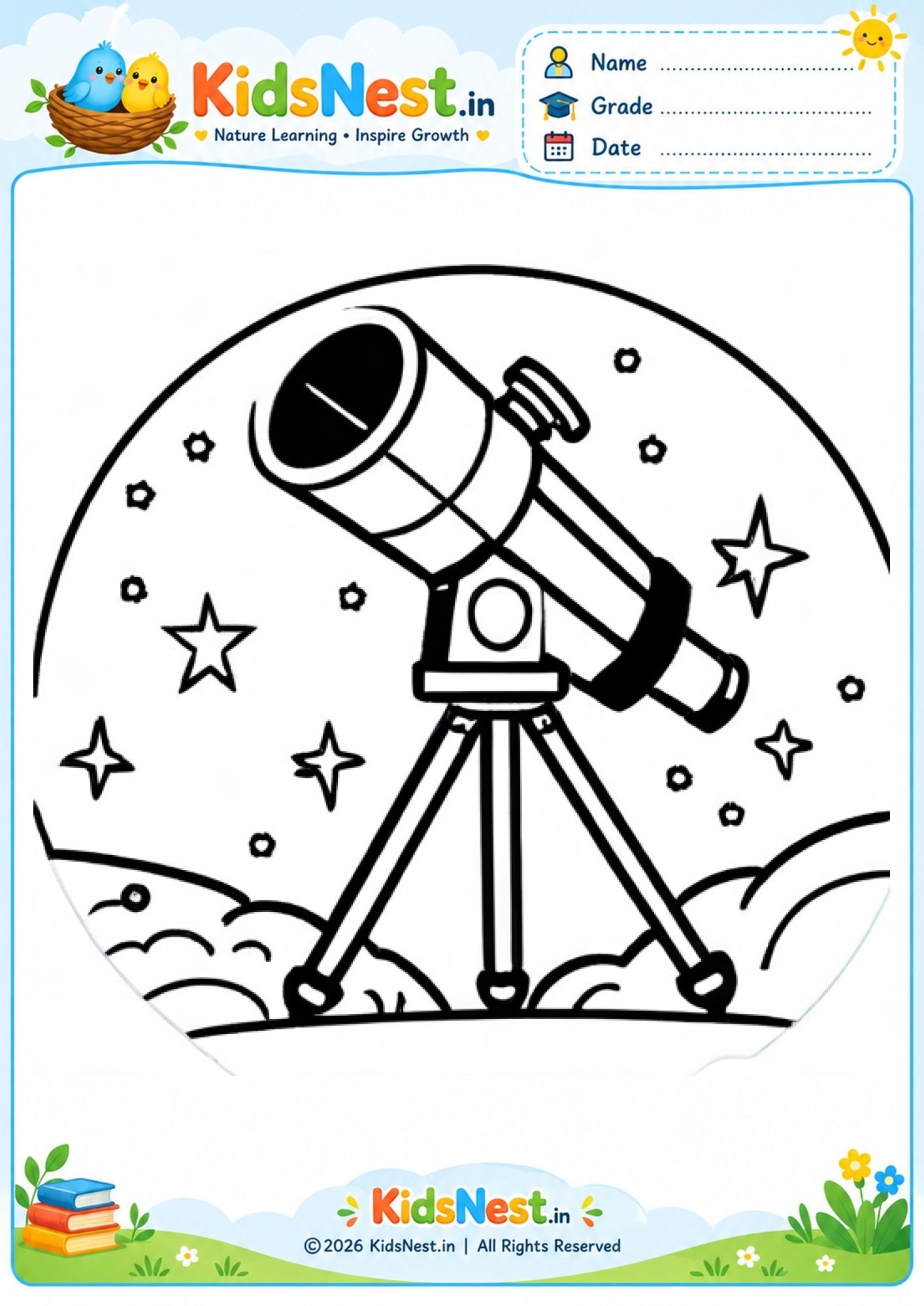 Telescope Space Discovery Coloring Worksheet for Kids