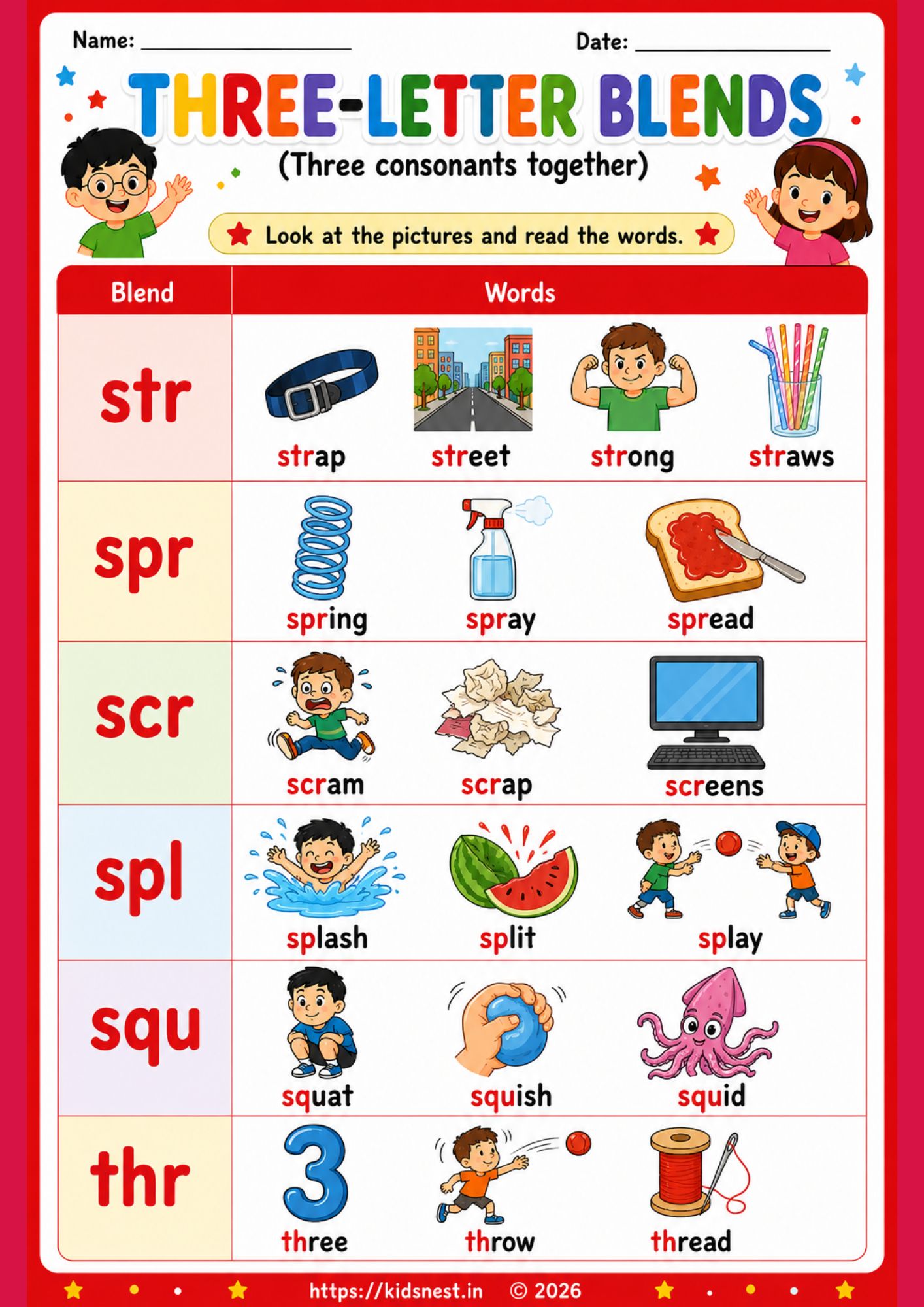 Three-Letter Blends Phonics Worksheets for Kids | Printable