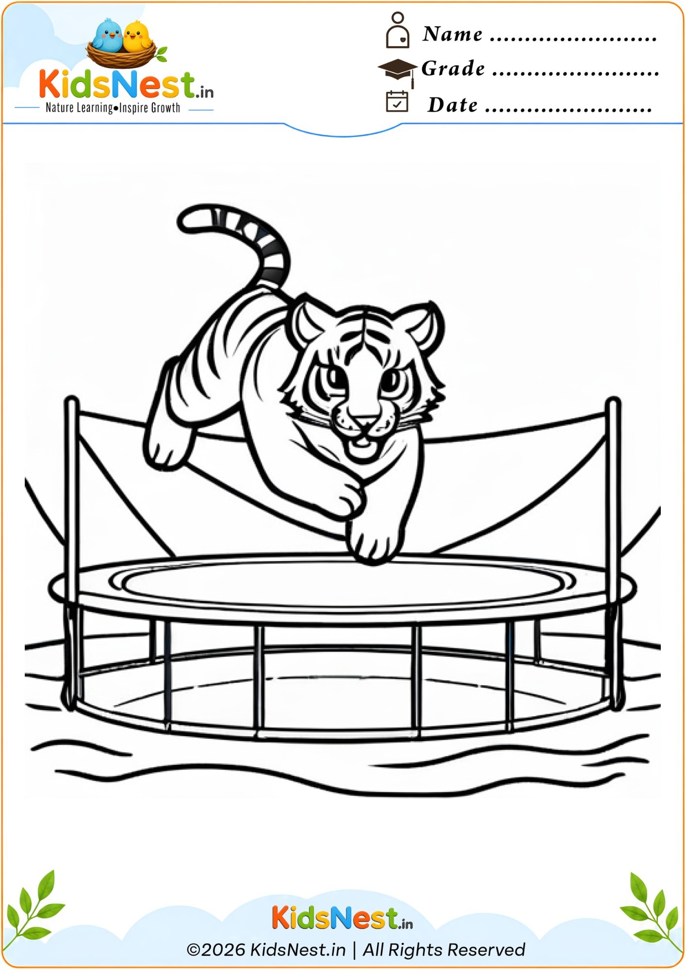 Tiger Jumping on Trampoline Coloring Worksheet for Kids
