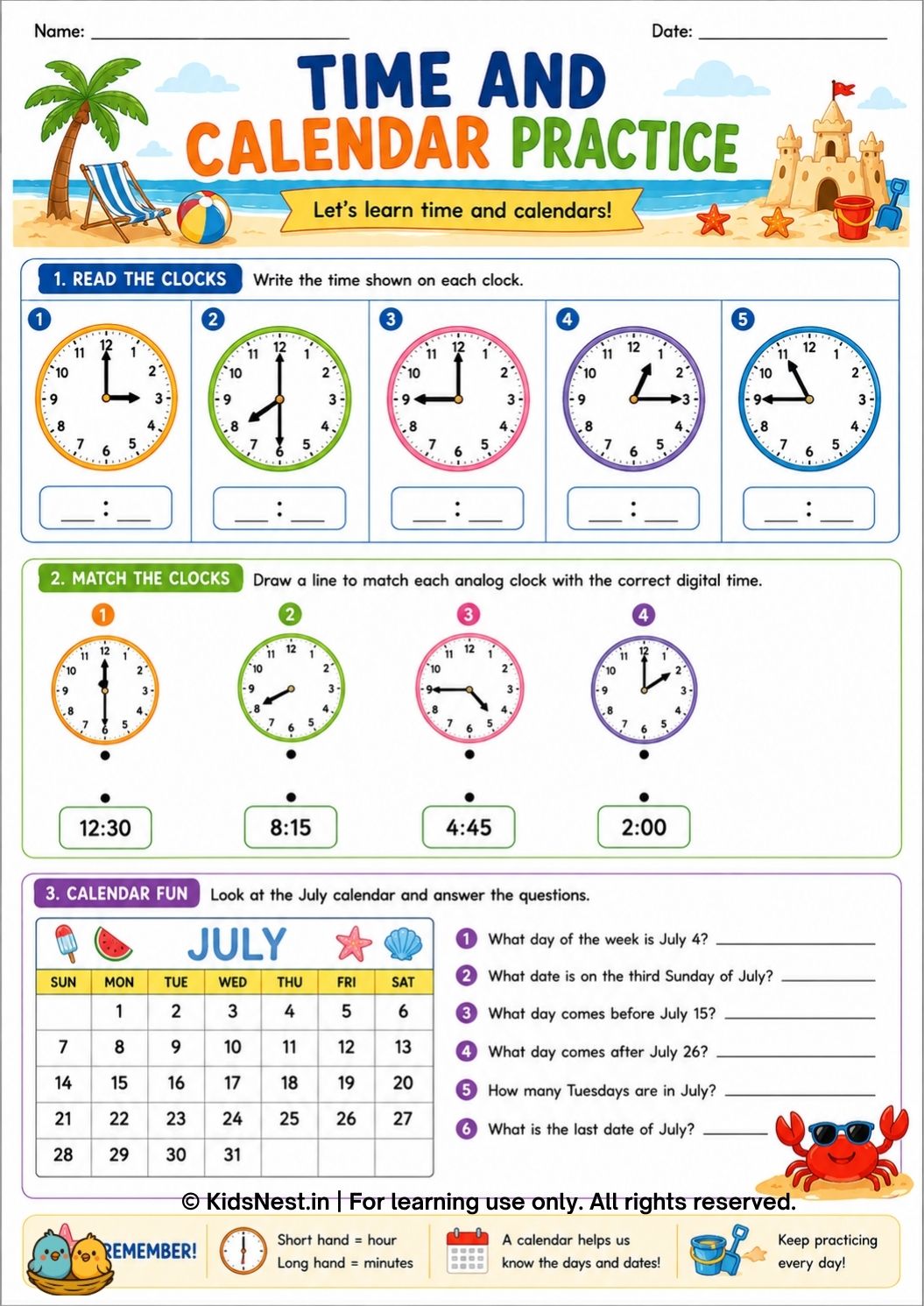 Time and Calendar Practice Worksheets for Kids | Printable