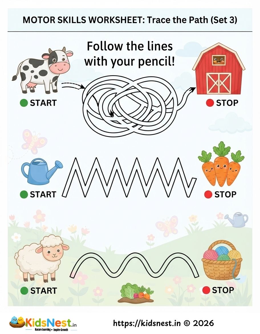 Trace the Path Farm Motor Skills Worksheet for Kids