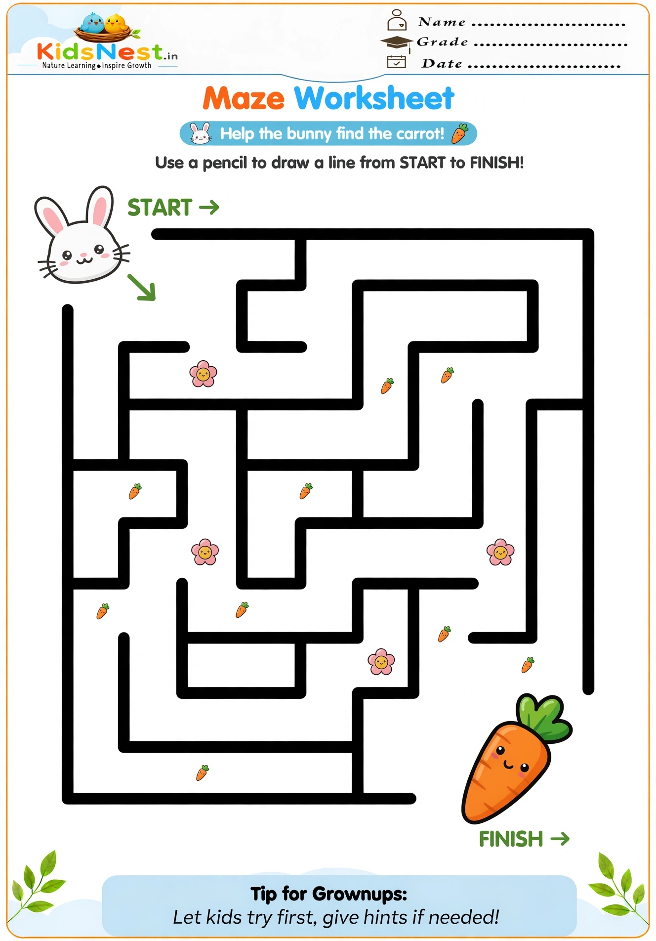 Printable Tracing Bunny Maze Worksheet for Kids | Fun Learning