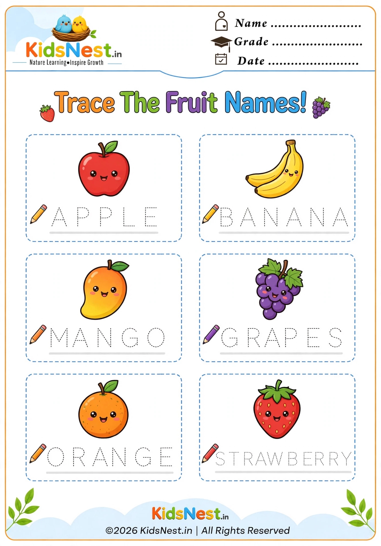 Tracing Fruit Names: Free Printable Writing Worksheets for Kids
