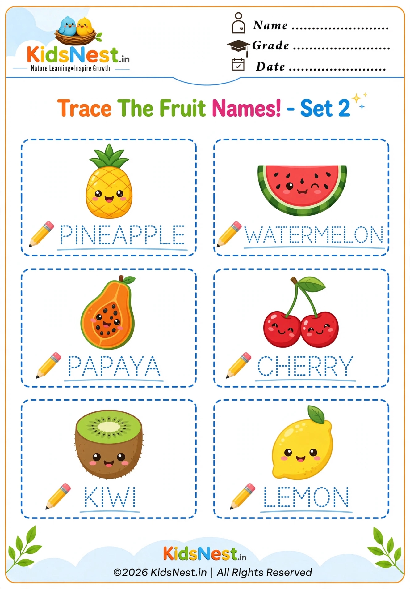 Tracing Fruit Names Worksheets: Set 2 Printable for Kids