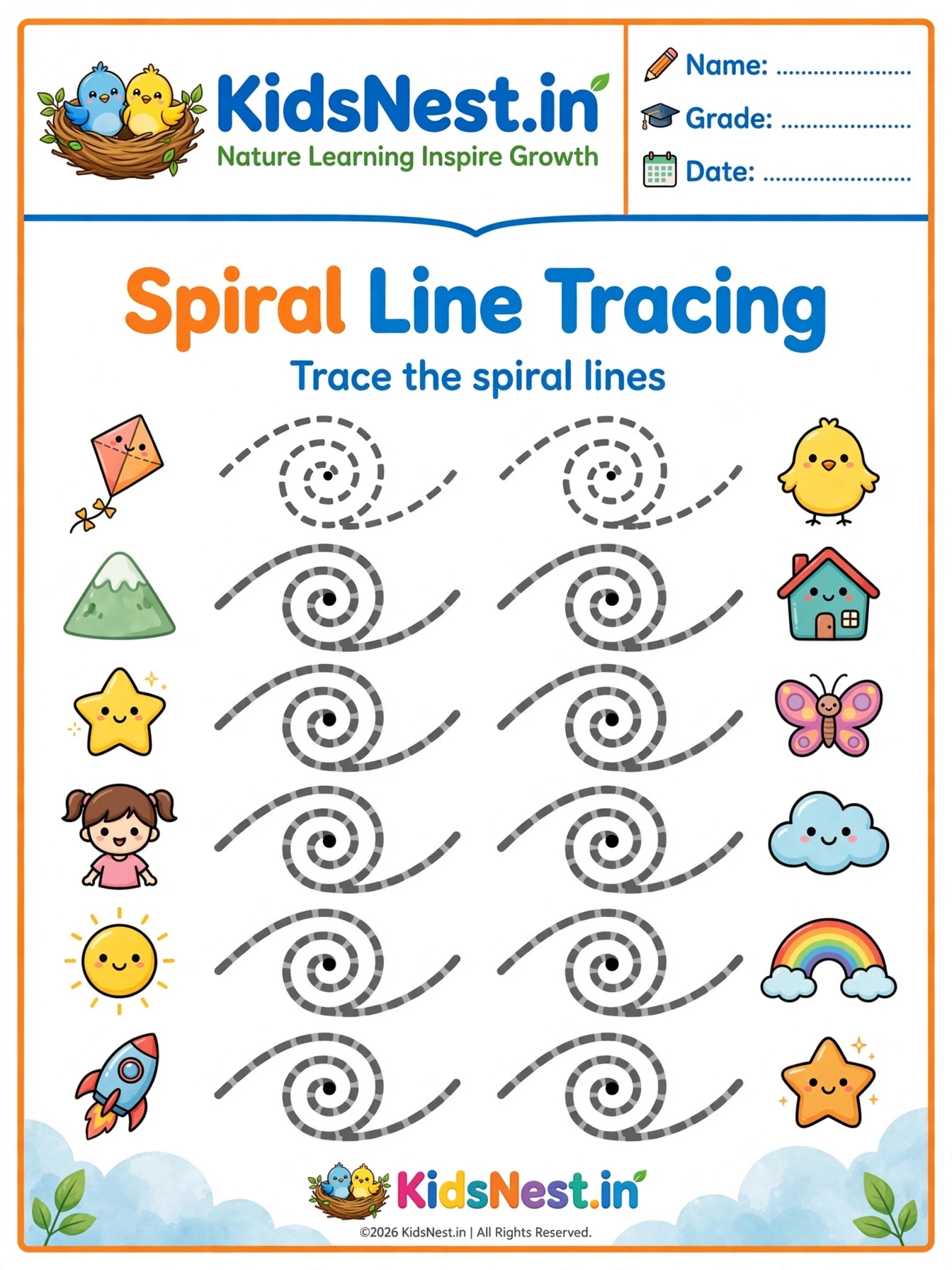 Free Tracing Spiral Lines Worksheet for Preschoolers