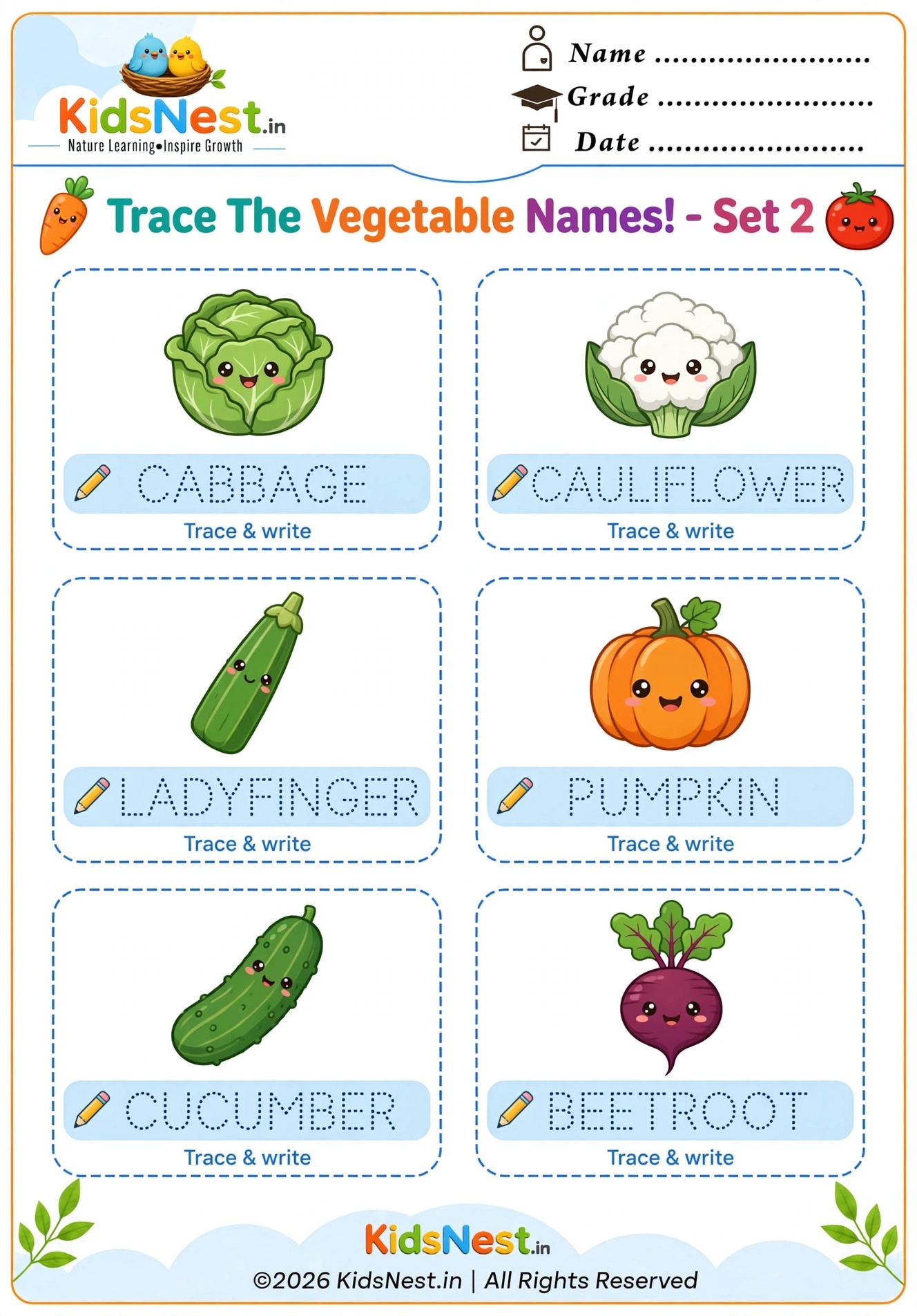 Tracing Vegetable Names Set 2
