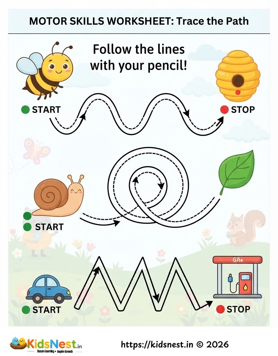 Printable Tracing Worksheets for Kids: Bee, Snail & Car Paths
