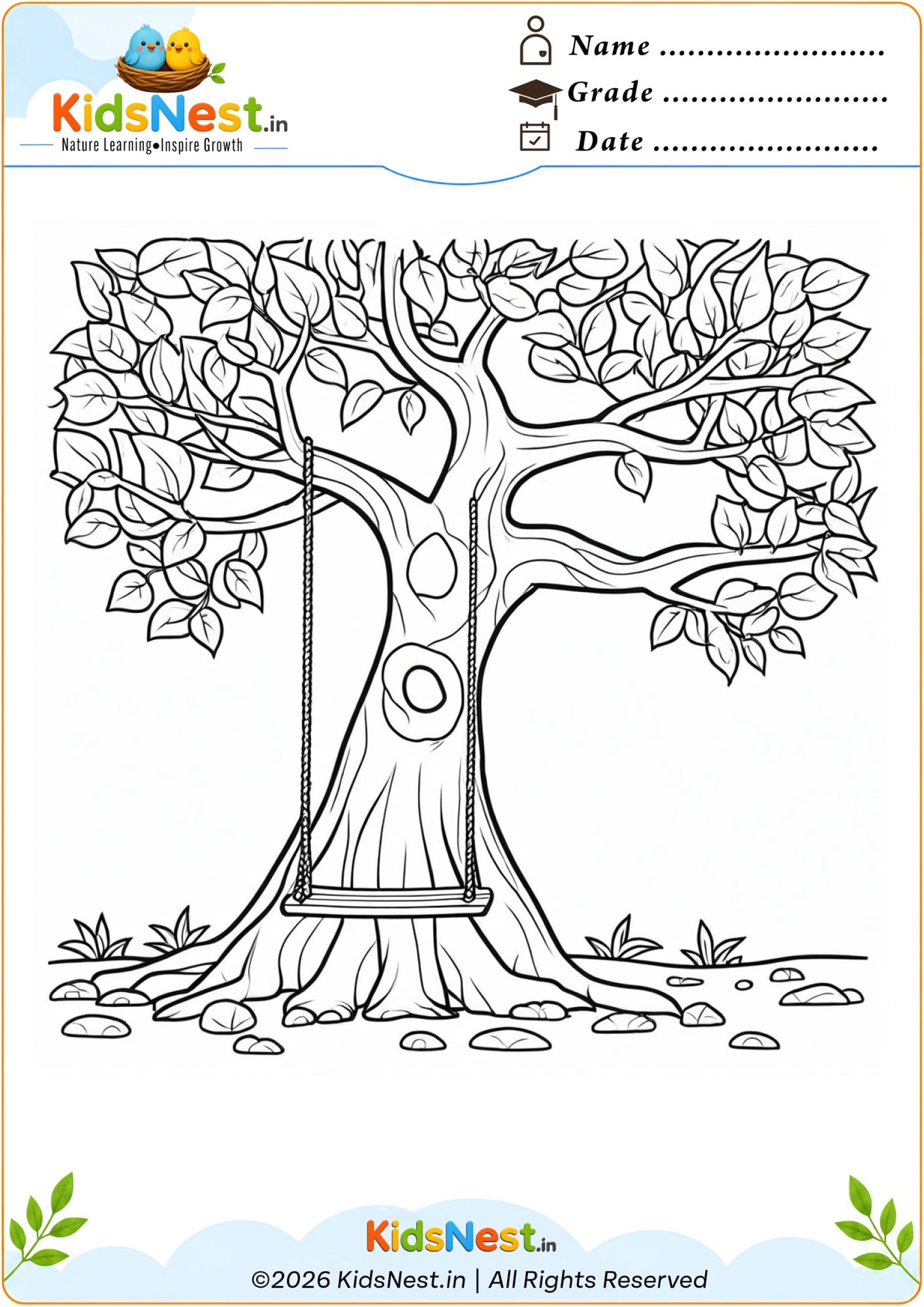 Tree with Swing Coloring Page for Kids | Free Printable