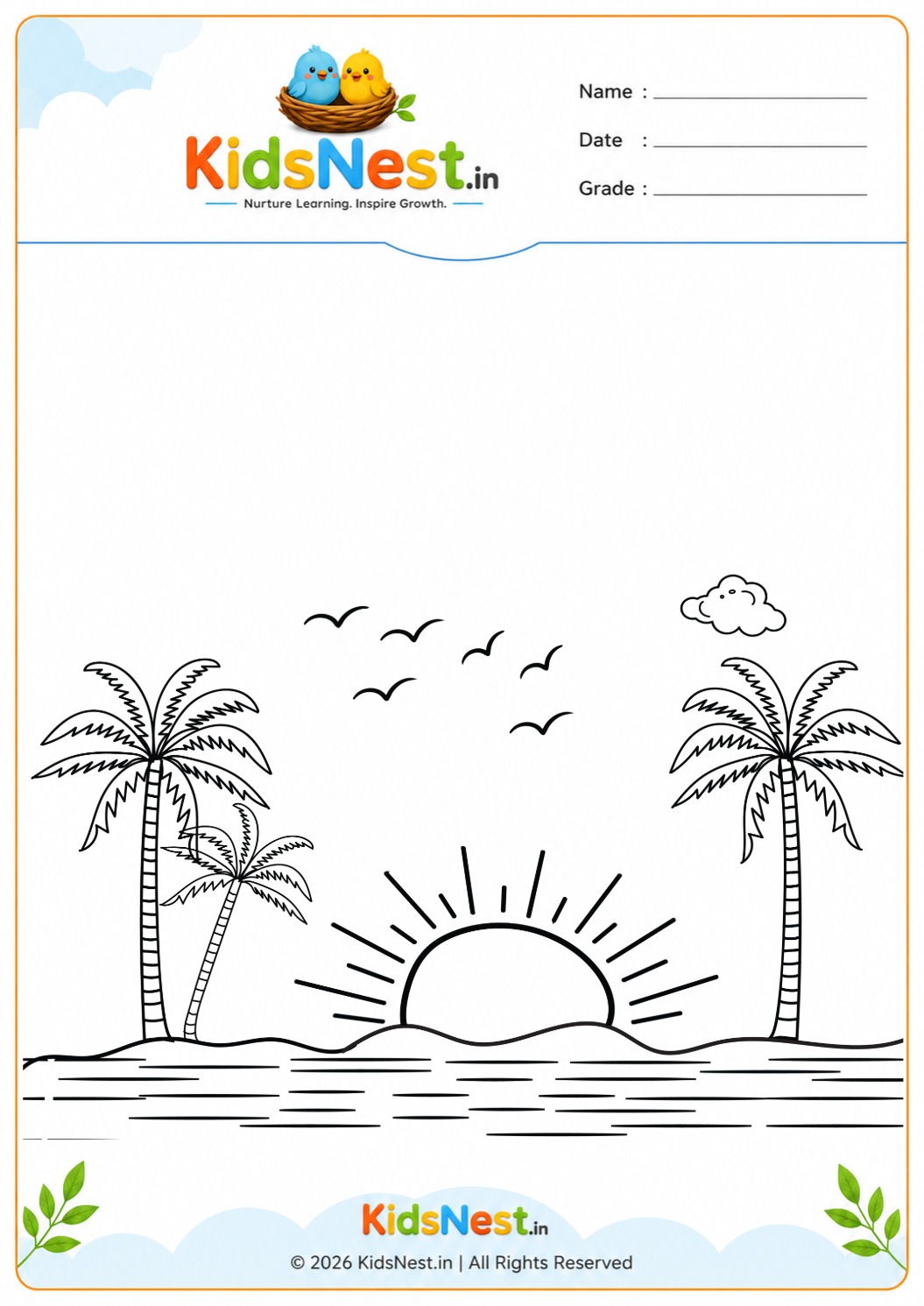 Tropical Sunset Coloring Page for Kids | Printable Activity