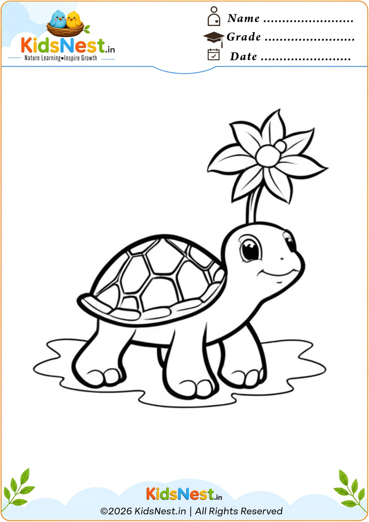 Free Turtle with Flower Coloring Page for Kids | Printable