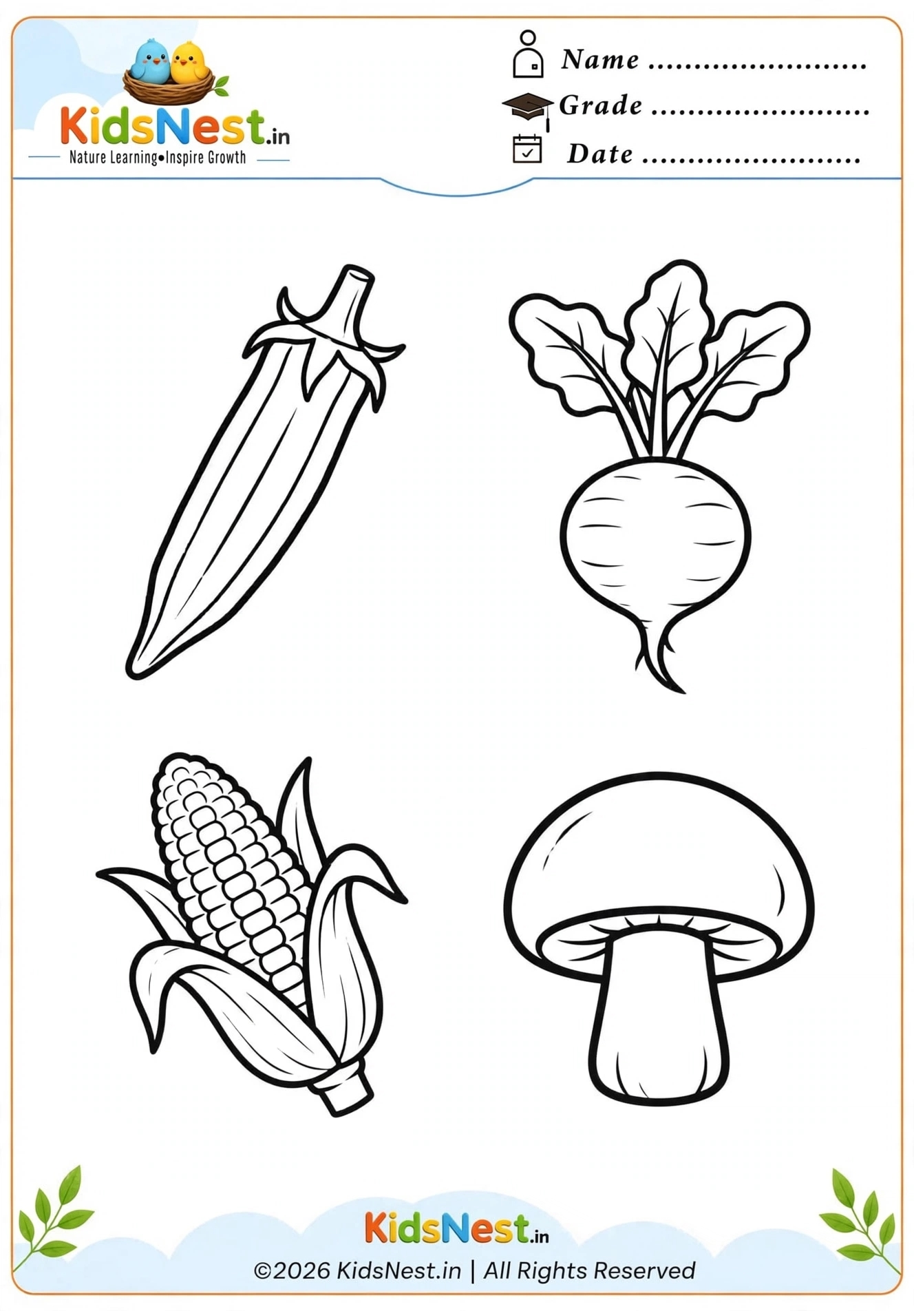 Vegetables Coloring Page: Okra, Radish, Corn & Mushroom