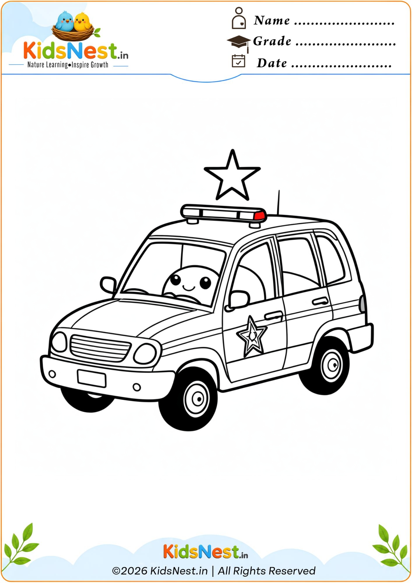 Cute Police Car Coloring Page for Kids | Free Printable