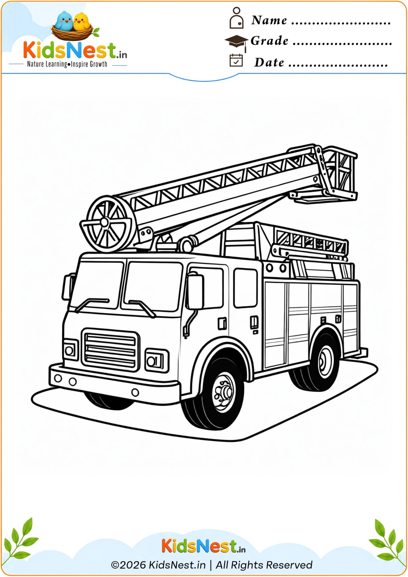 Printable Fire Engine Coloring Page for Kids | Educational Fun