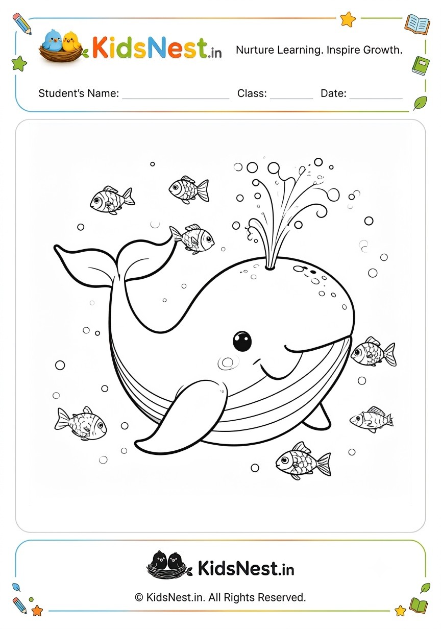 Whale and Fish Coloring Worksheet | Printable Fun for Kids