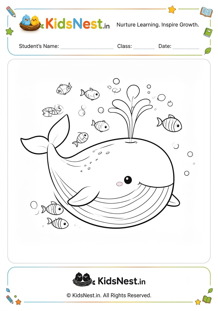 Whale and Fish Ocean Coloring Activity | Printable Worksheet