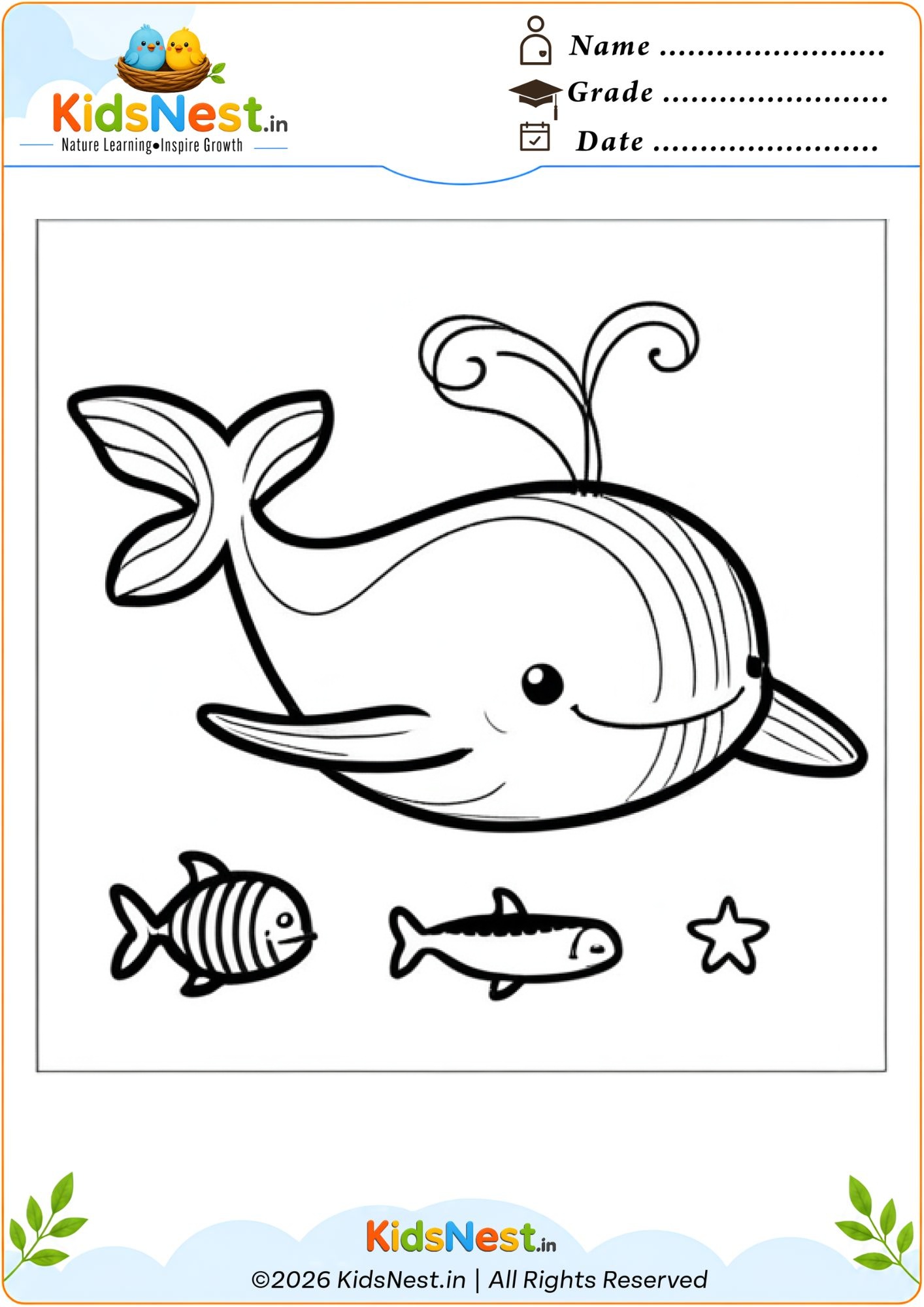 Whale and Sea Creatures Coloring Page | Printable for Kids