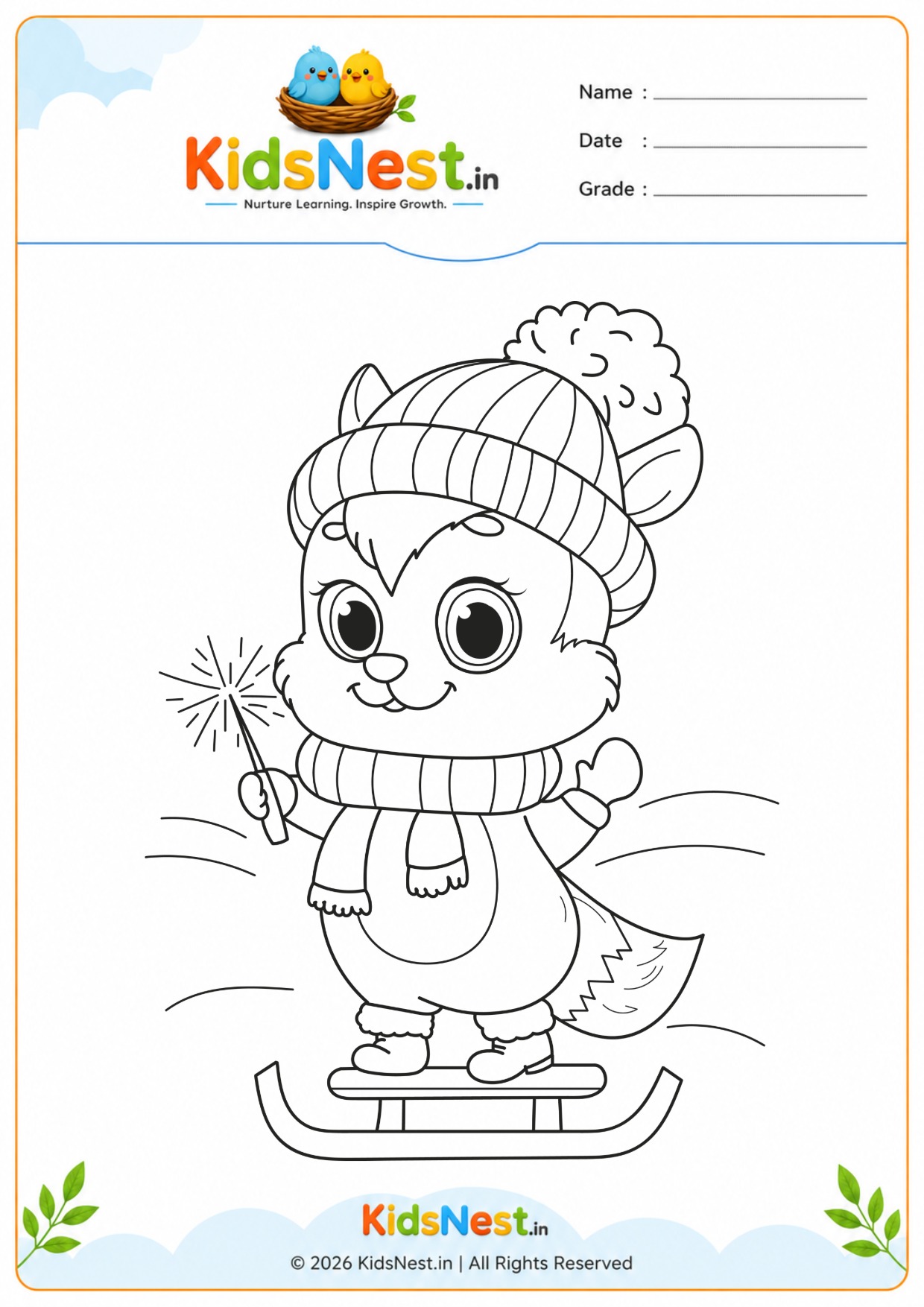 Winter Sledding Animal Coloring Worksheet for Kids | Printable
