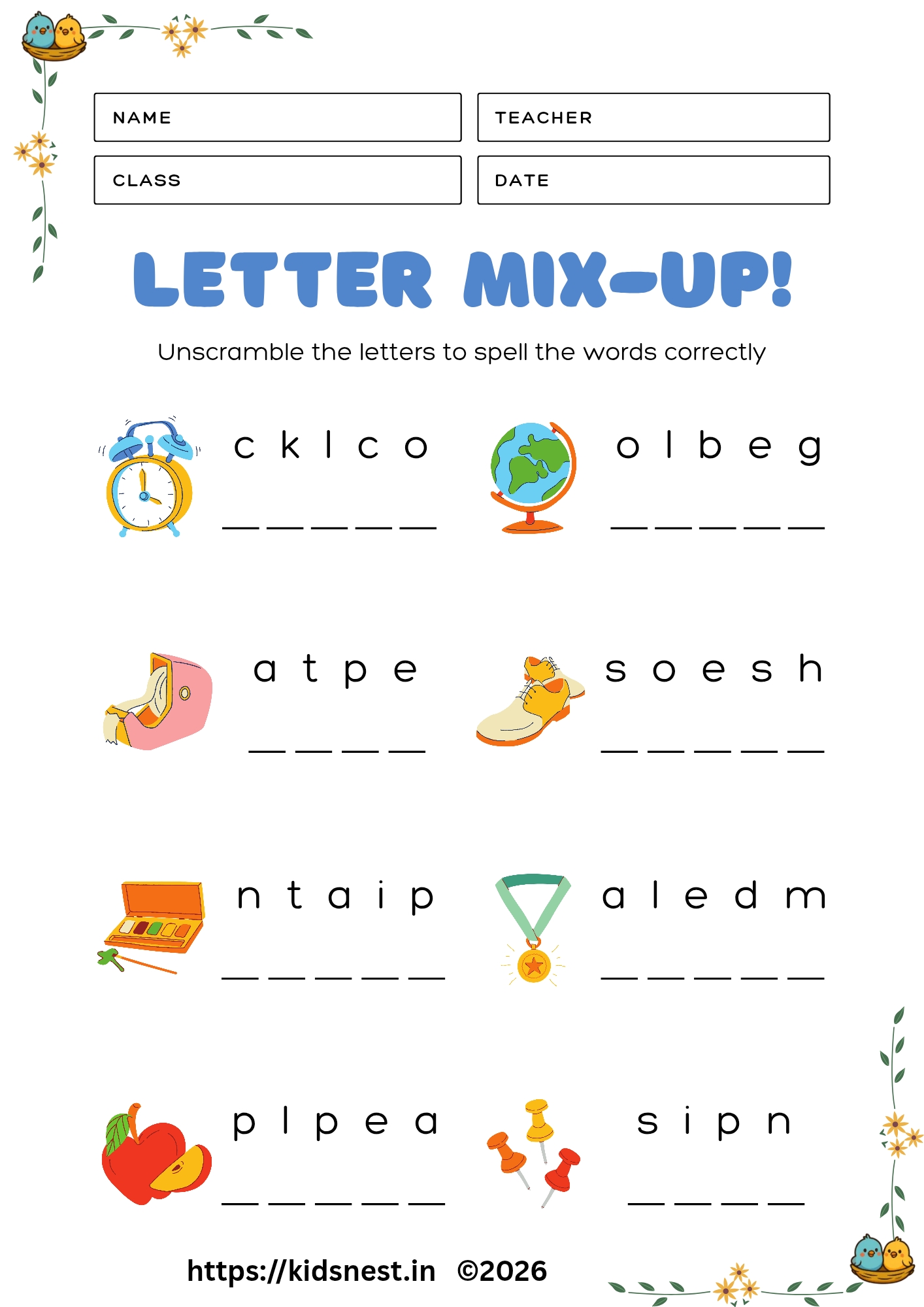 Free Word Scramble Worksheet for Kids | Printable Learning