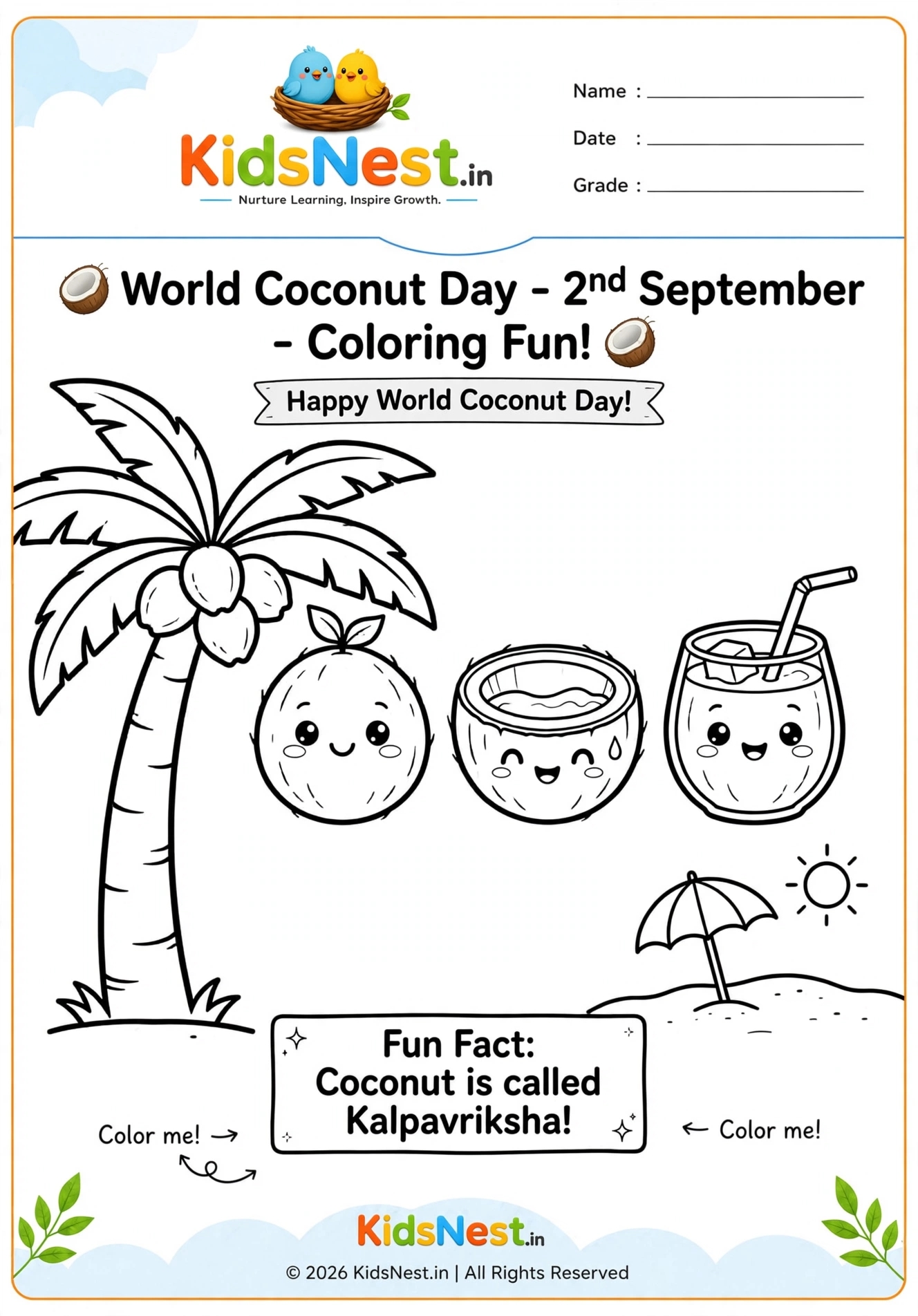 World Coconut Day Coloring Page for Kids | Free Printable