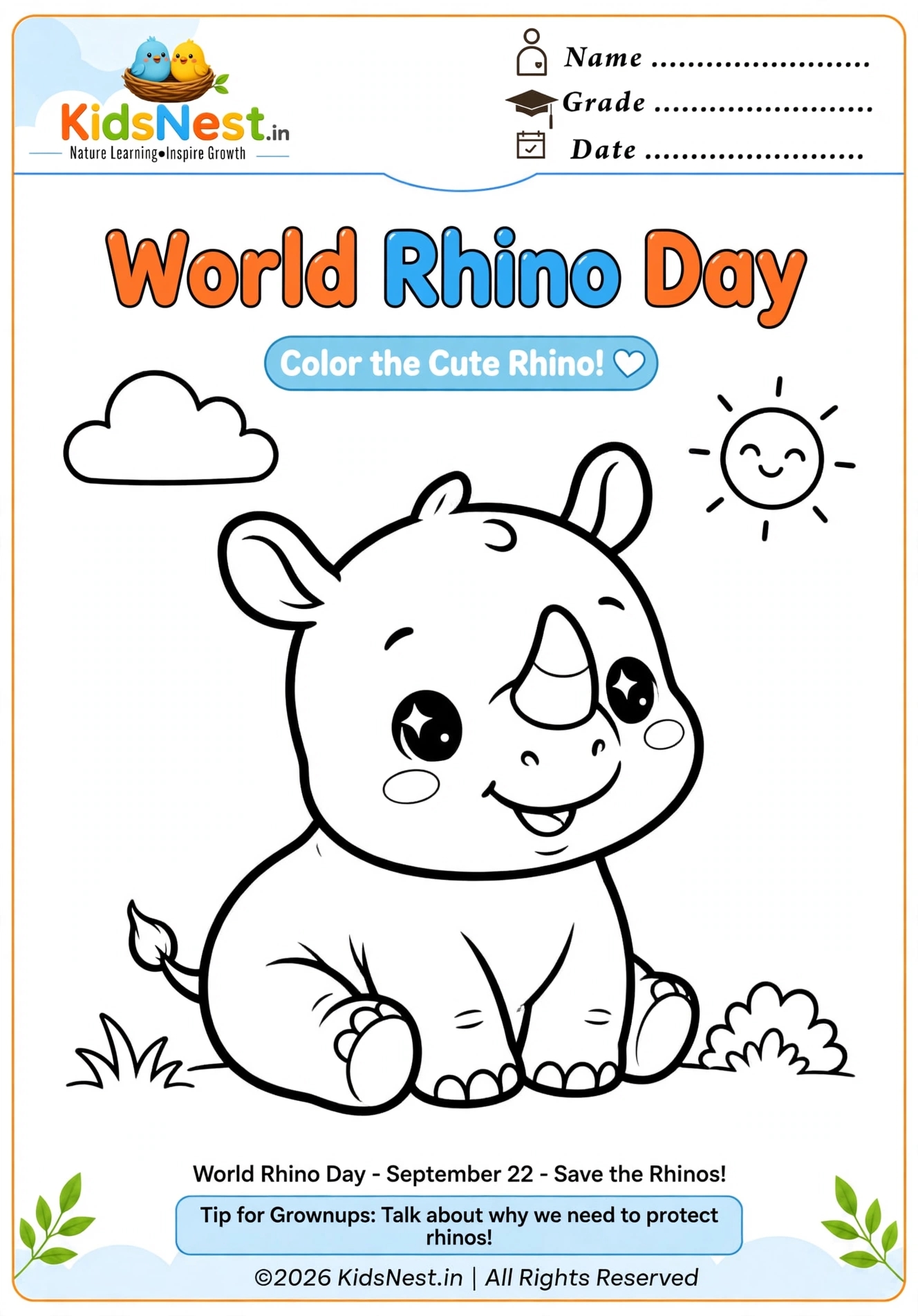 Free World Rhino Day Coloring Page for Kids | Printable PDF