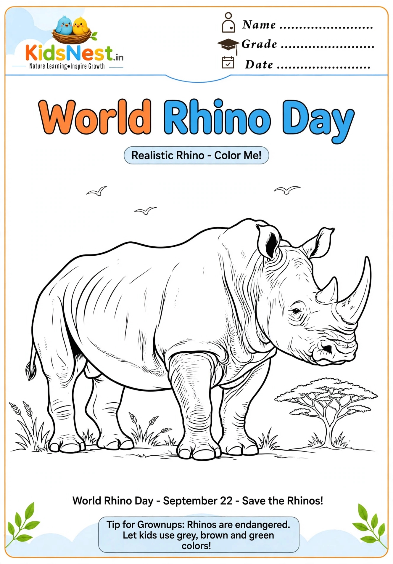 Printable Realistic Rhino Coloring Page for Kids | World Rhino Day